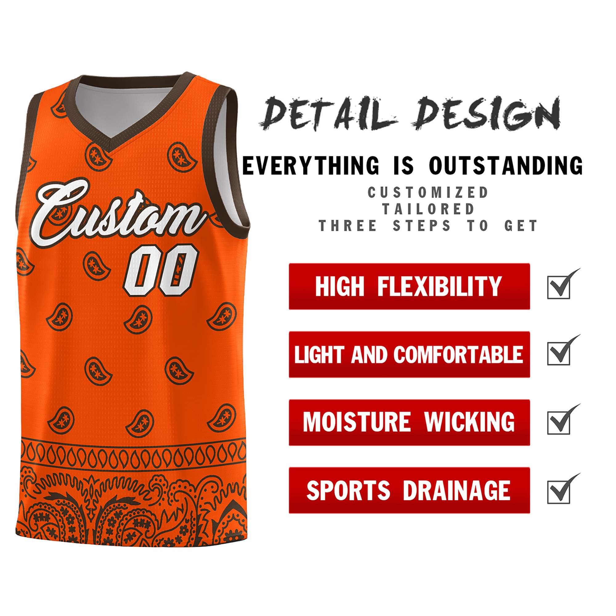 Custom Orange Brown Personalized Cashew Pattern Sports Uniform Basketball Jersey