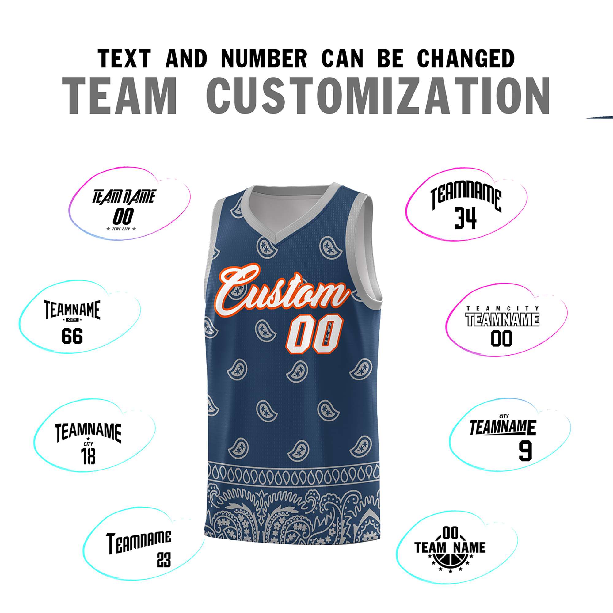 Custom Midnight Blue Gray Personalized Cashew Pattern Sports Uniform Basketball Jersey