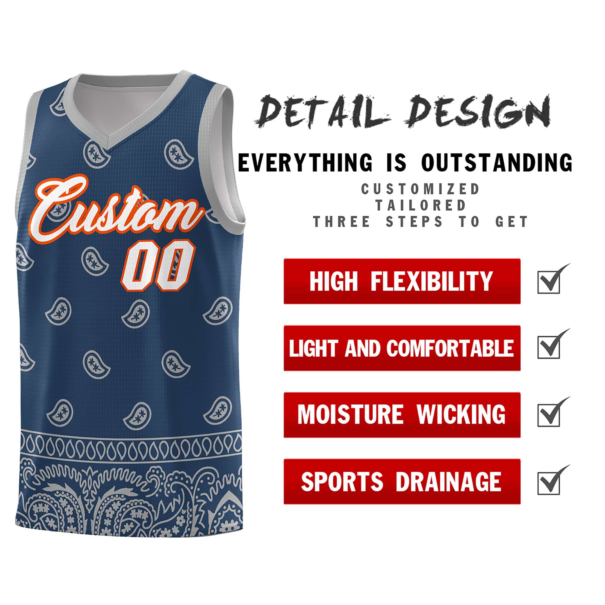 Custom Midnight Blue Gray Personalized Cashew Pattern Sports Uniform Basketball Jersey