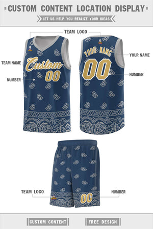 Custom Midnight Blue Gray Personalized Cashew Pattern Sports Uniform Basketball Jersey