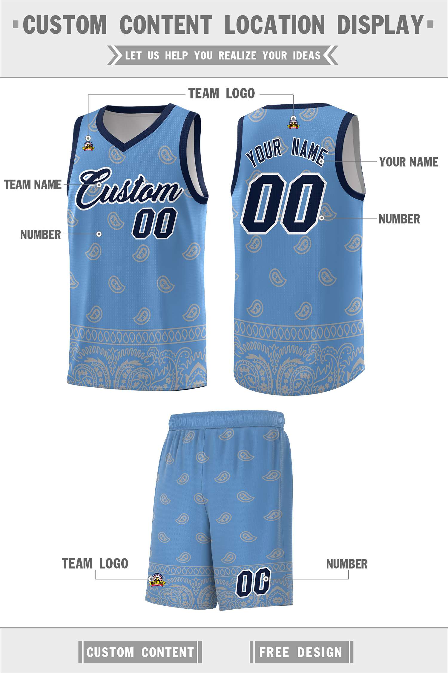 Custom Light Blue Gray Personalized Cashew Pattern Sports Uniform Basketball Jersey