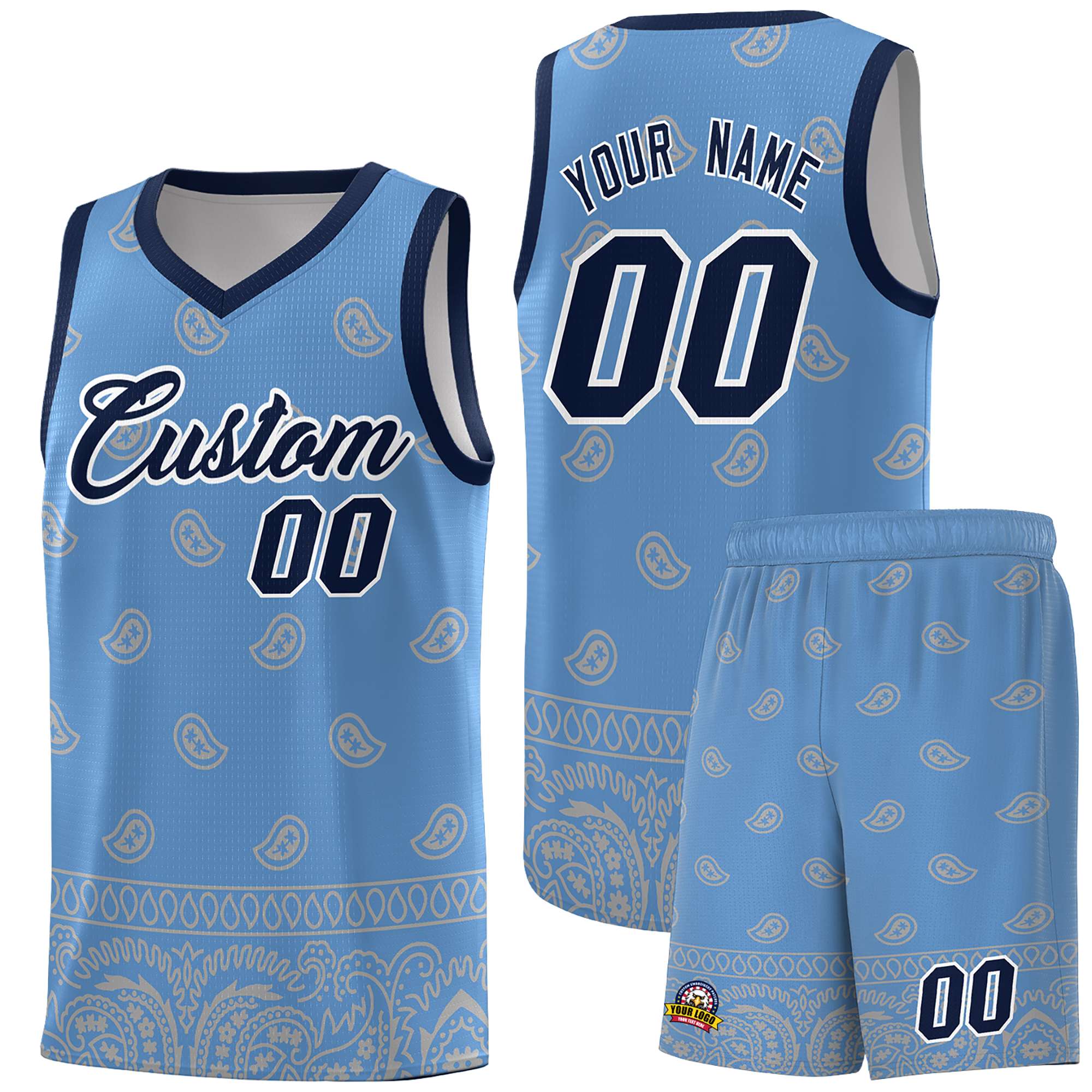 Custom Light Blue Gray Personalized Cashew Pattern Sports Uniform Basketball Jersey