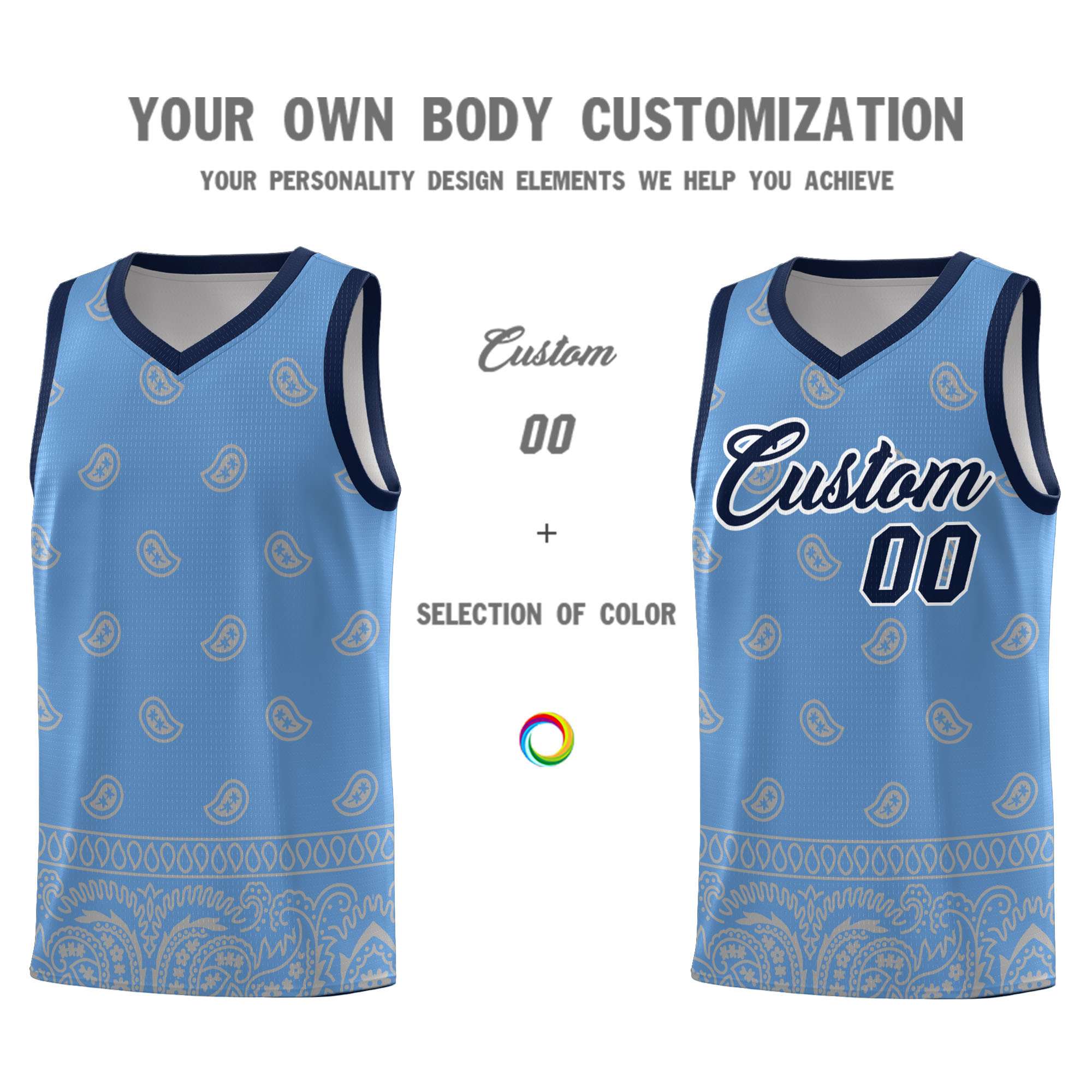 Custom Light Blue Gray Personalized Cashew Pattern Sports Uniform Basketball Jersey