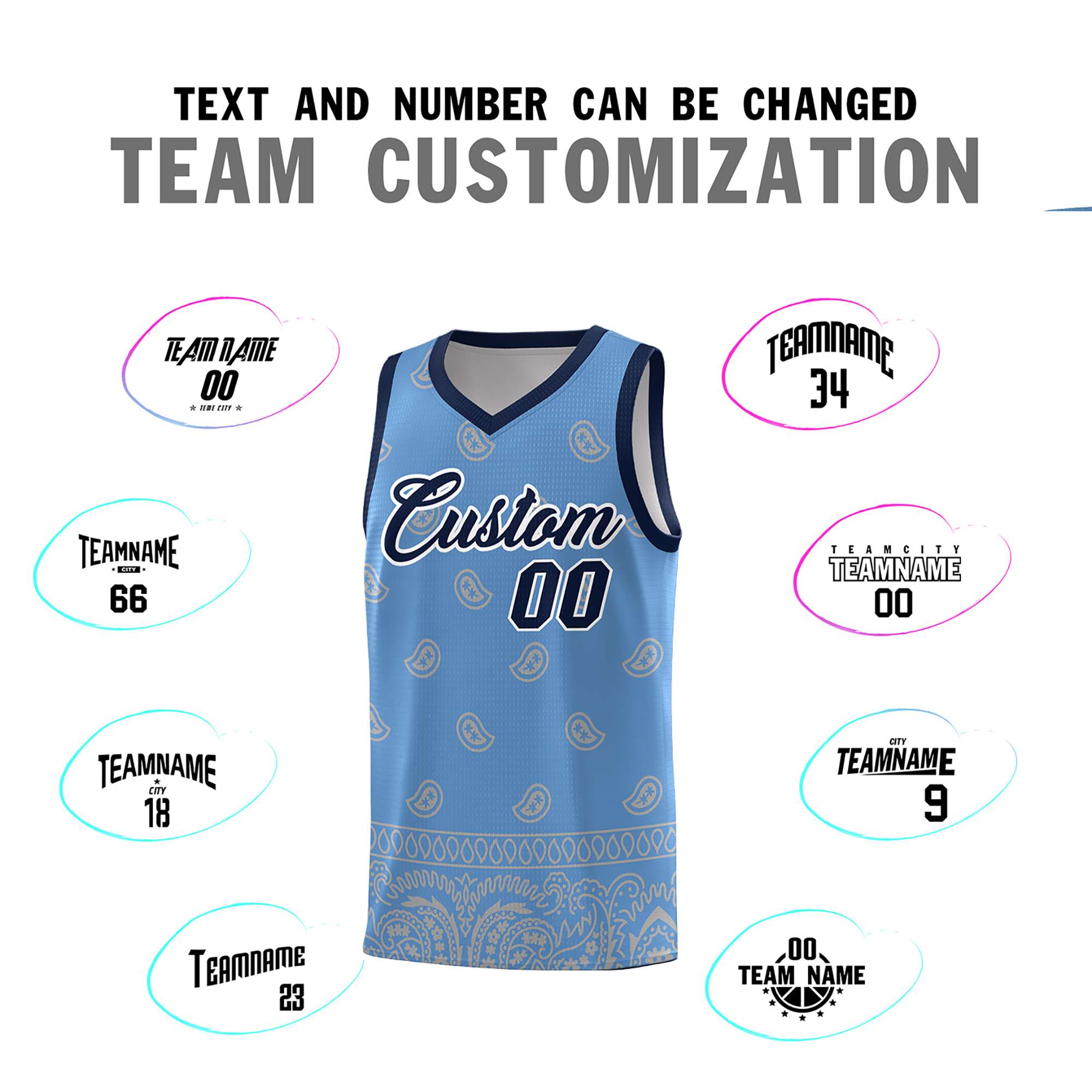 Custom Light Blue Gray Personalized Cashew Pattern Sports Uniform Basketball Jersey