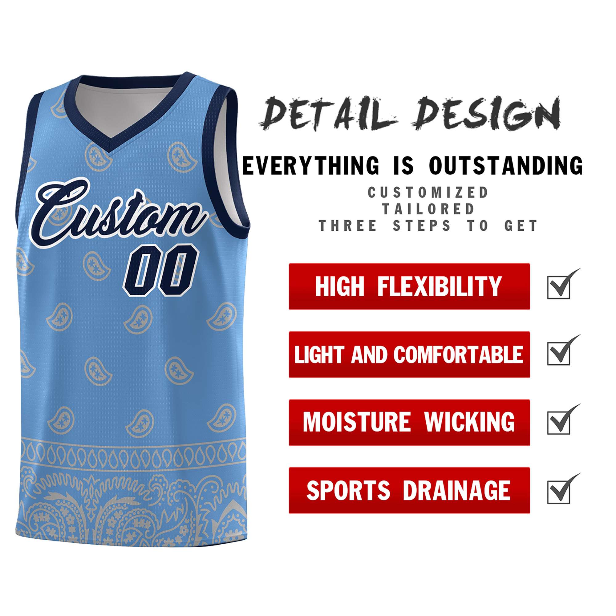 Custom Light Blue Gray Personalized Cashew Pattern Sports Uniform Basketball Jersey