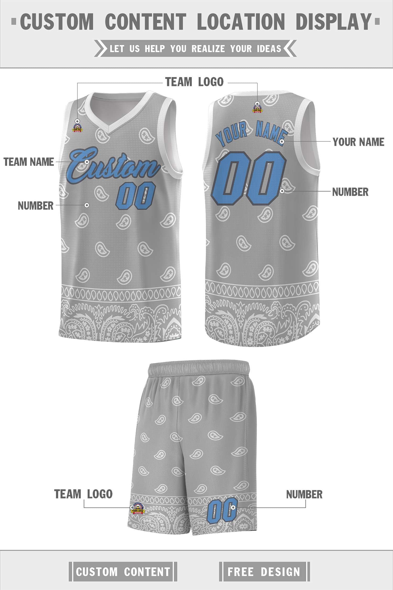 Custom Gray Light Gray Personalized Cashew Pattern Sports Uniform Basketball Jersey