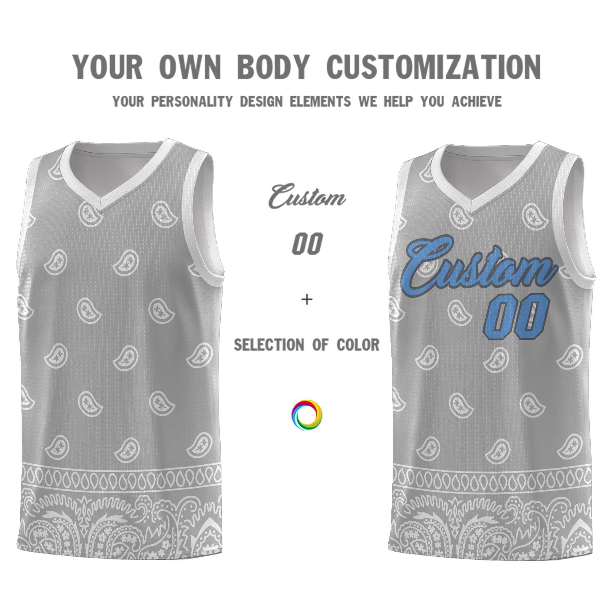 Custom Gray Light Gray Personalized Cashew Pattern Sports Uniform Basketball Jersey