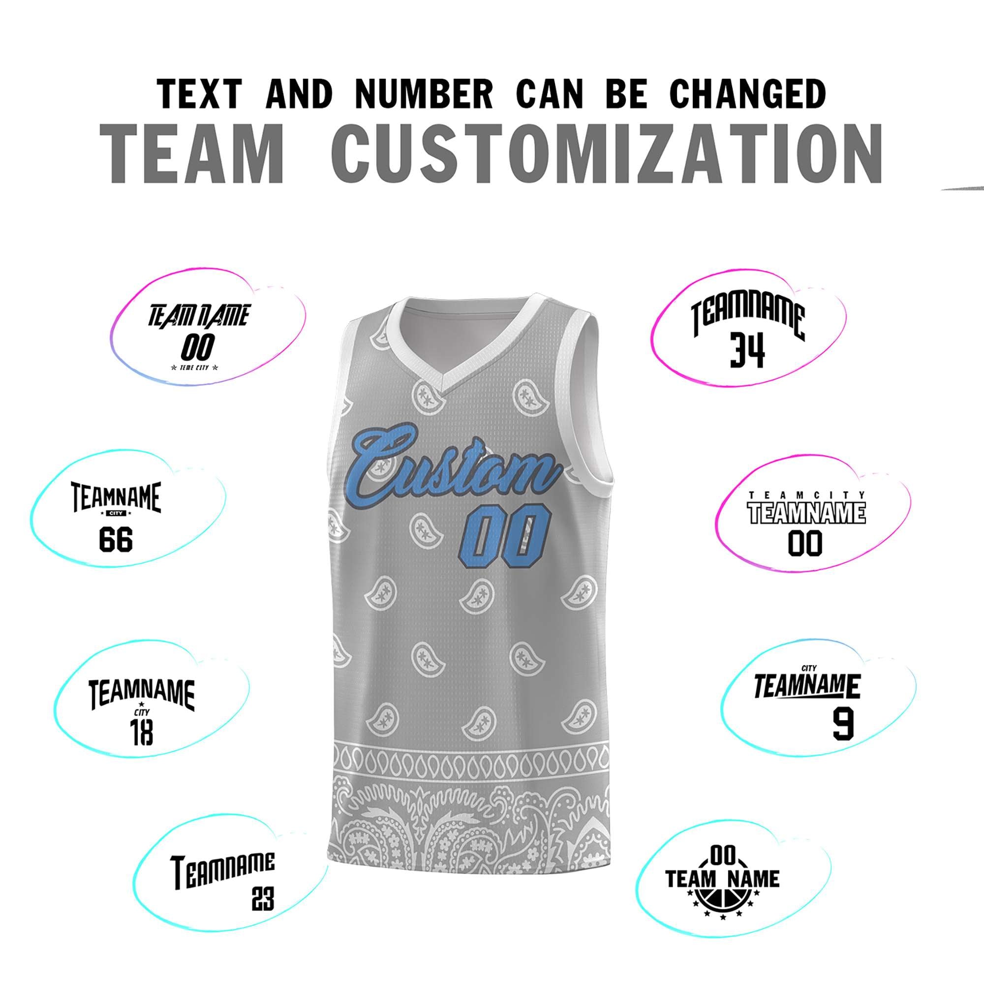 Custom Gray Light Gray Personalized Cashew Pattern Sports Uniform Basketball Jersey