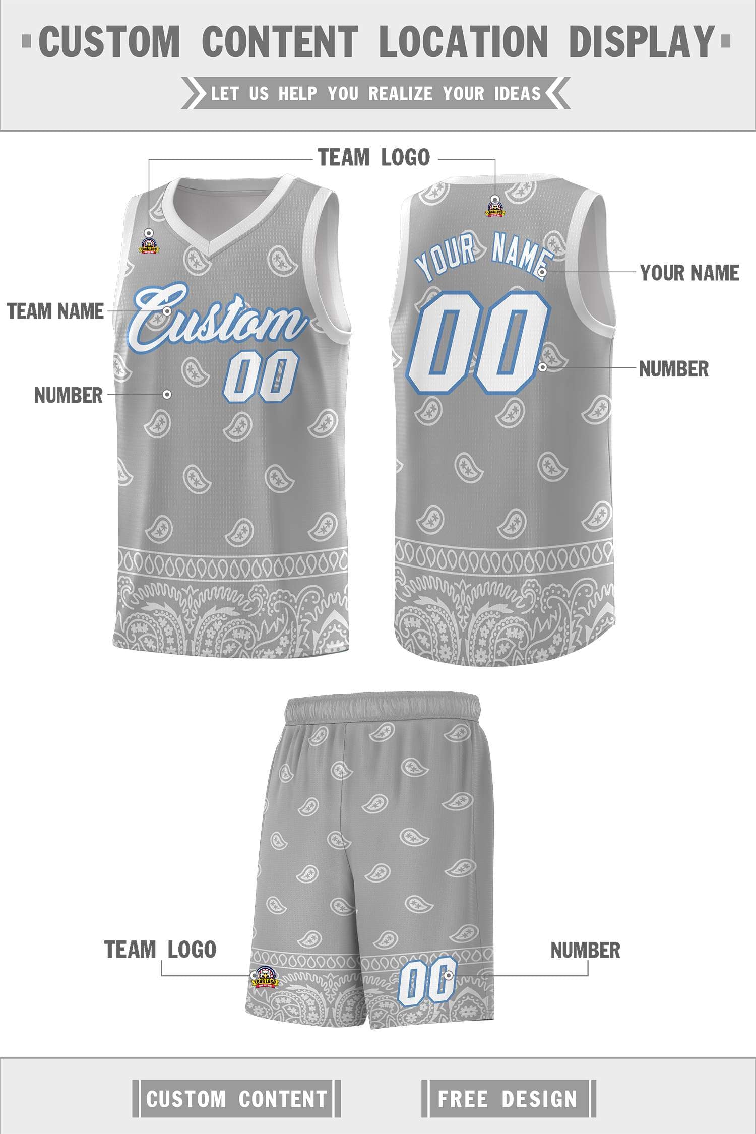 Custom Gray Light Gray Personalized Cashew Pattern Sports Uniform Basketball Jersey