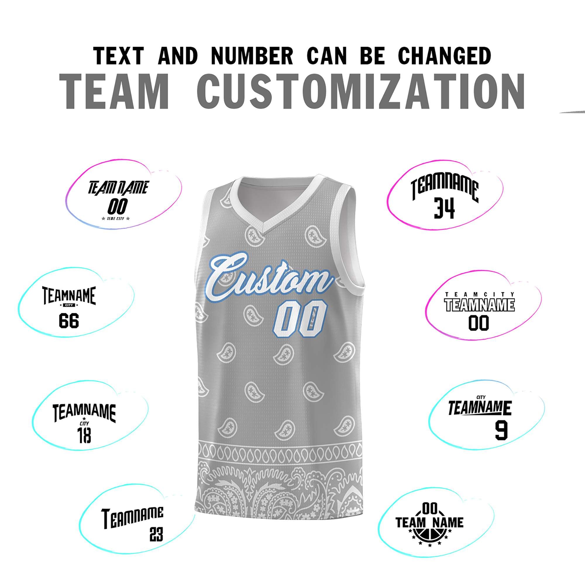 Custom Gray Light Gray Personalized Cashew Pattern Sports Uniform Basketball Jersey