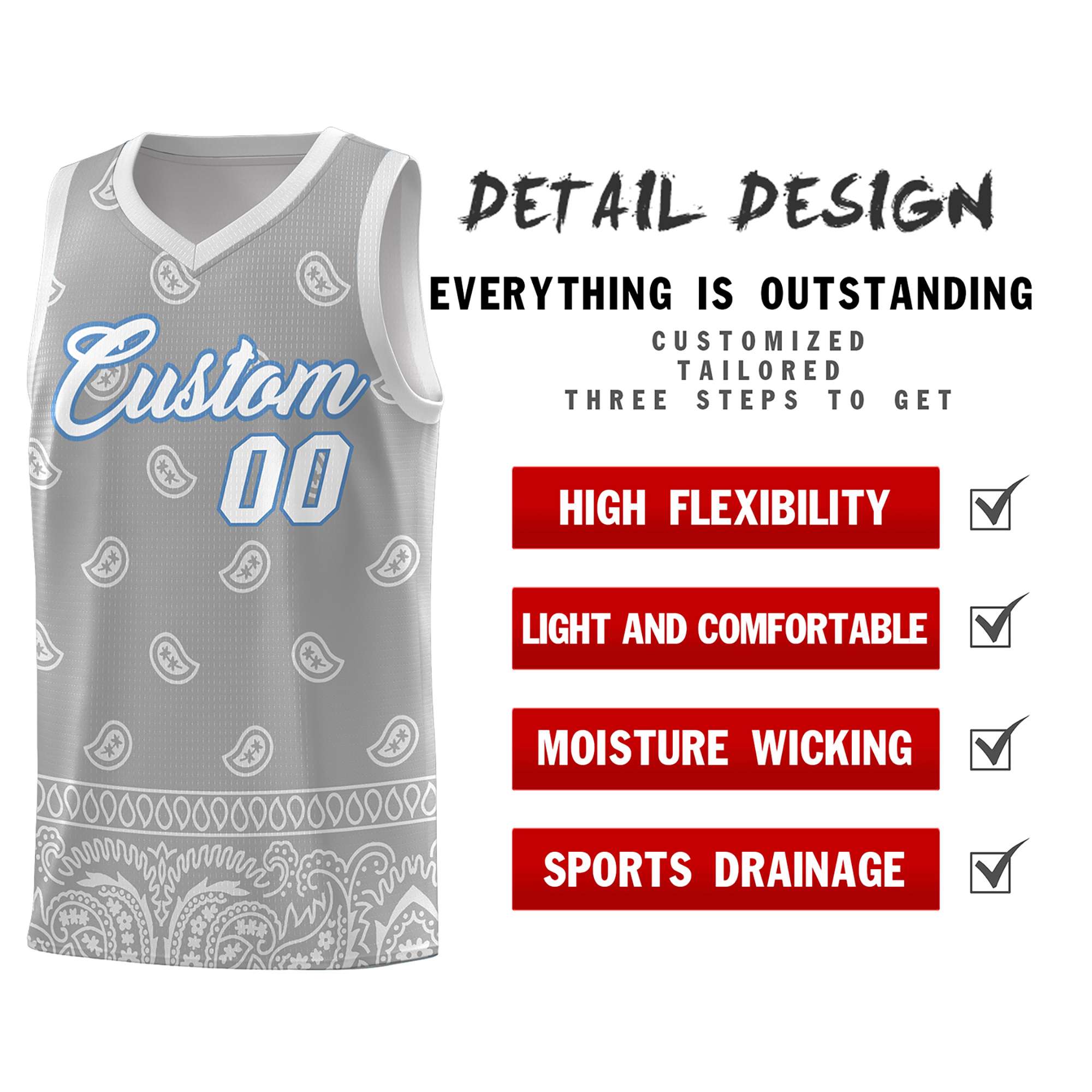 Custom Gray Light Gray Personalized Cashew Pattern Sports Uniform Basketball Jersey