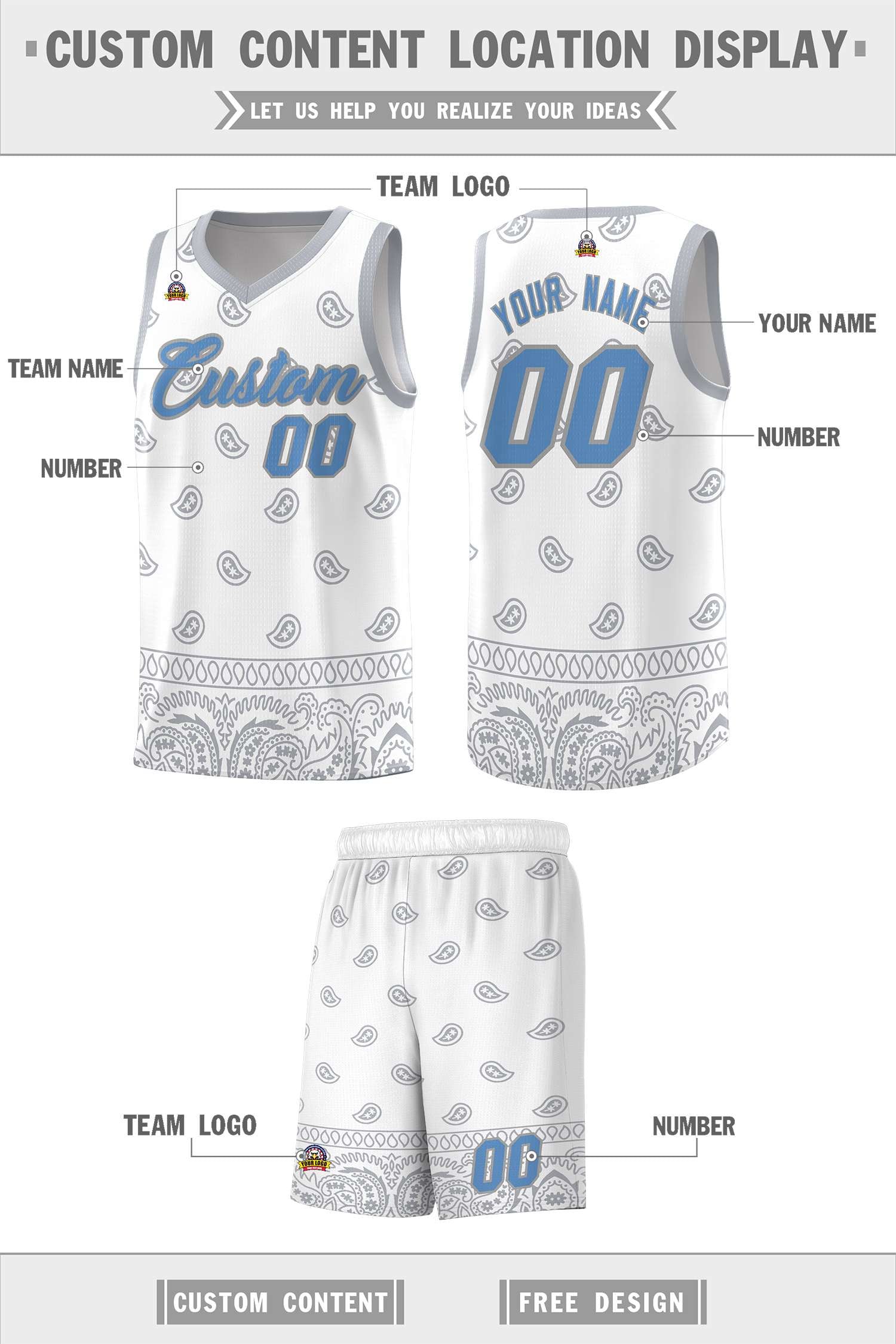 Custom White Gray Personalized Cashew Pattern Sports Uniform Basketball Jersey