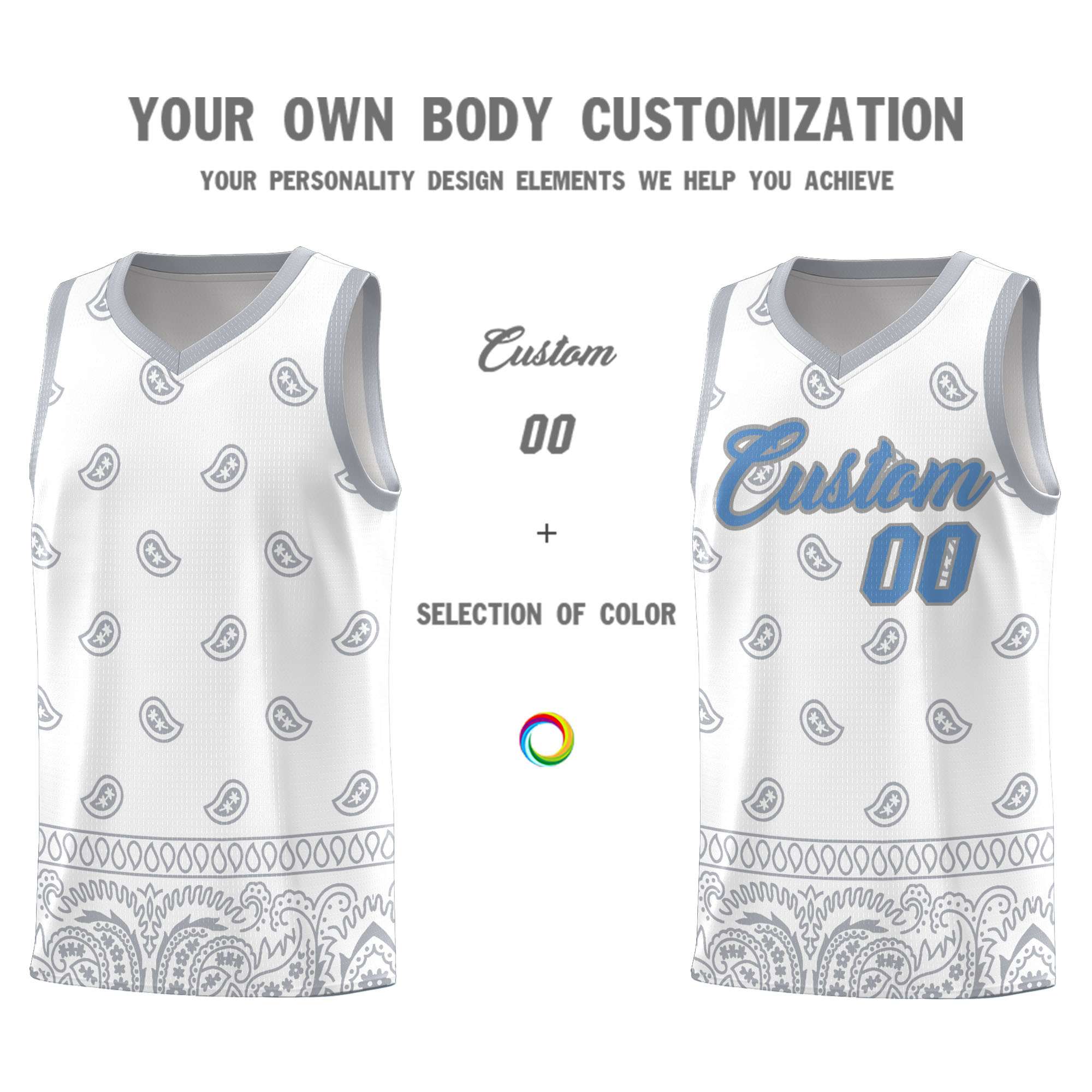 Custom White Gray Personalized Cashew Pattern Sports Uniform Basketball Jersey