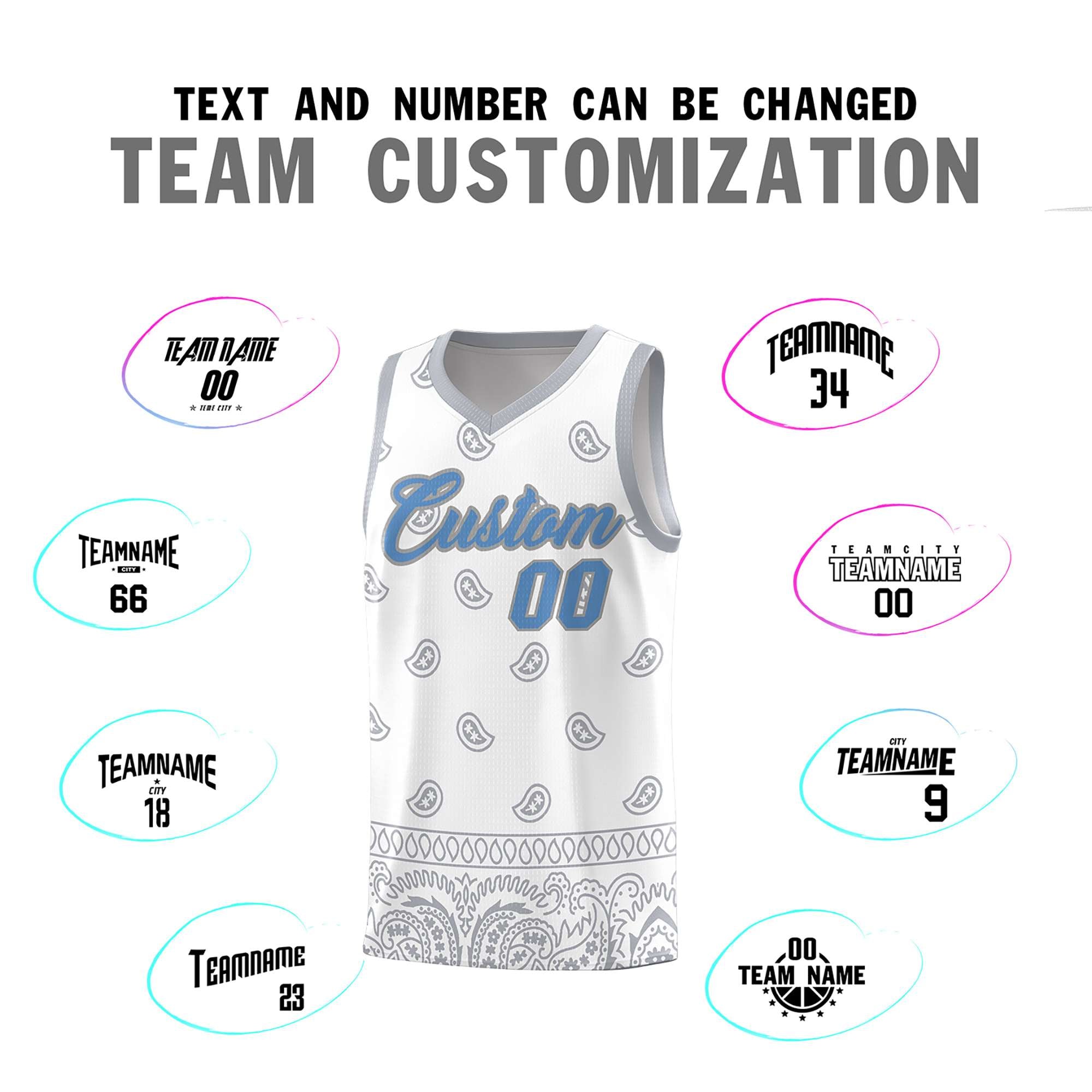 Custom White Gray Personalized Cashew Pattern Sports Uniform Basketball Jersey