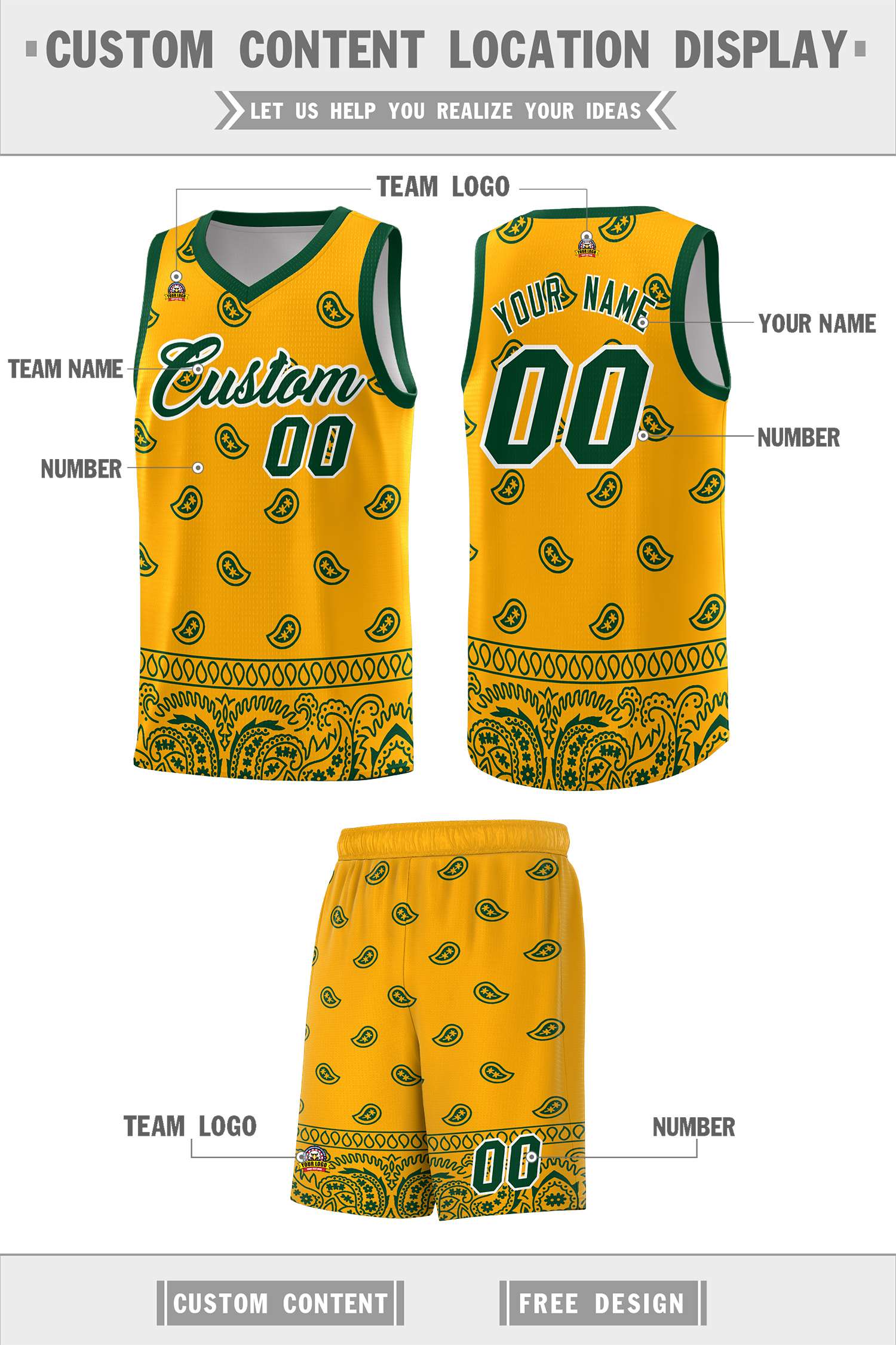 Custom Yellow Green Personalized Cashew Pattern Sports Uniform Basketball Jersey