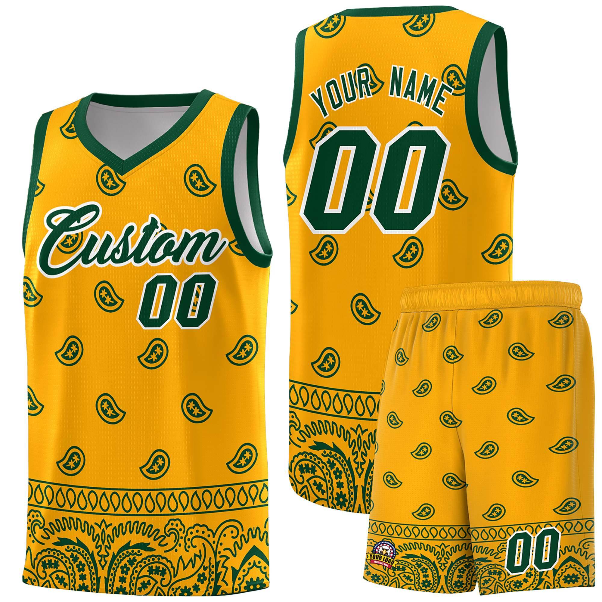 Custom Yellow Green Personalized Cashew Pattern Sports Uniform Basketball Jersey