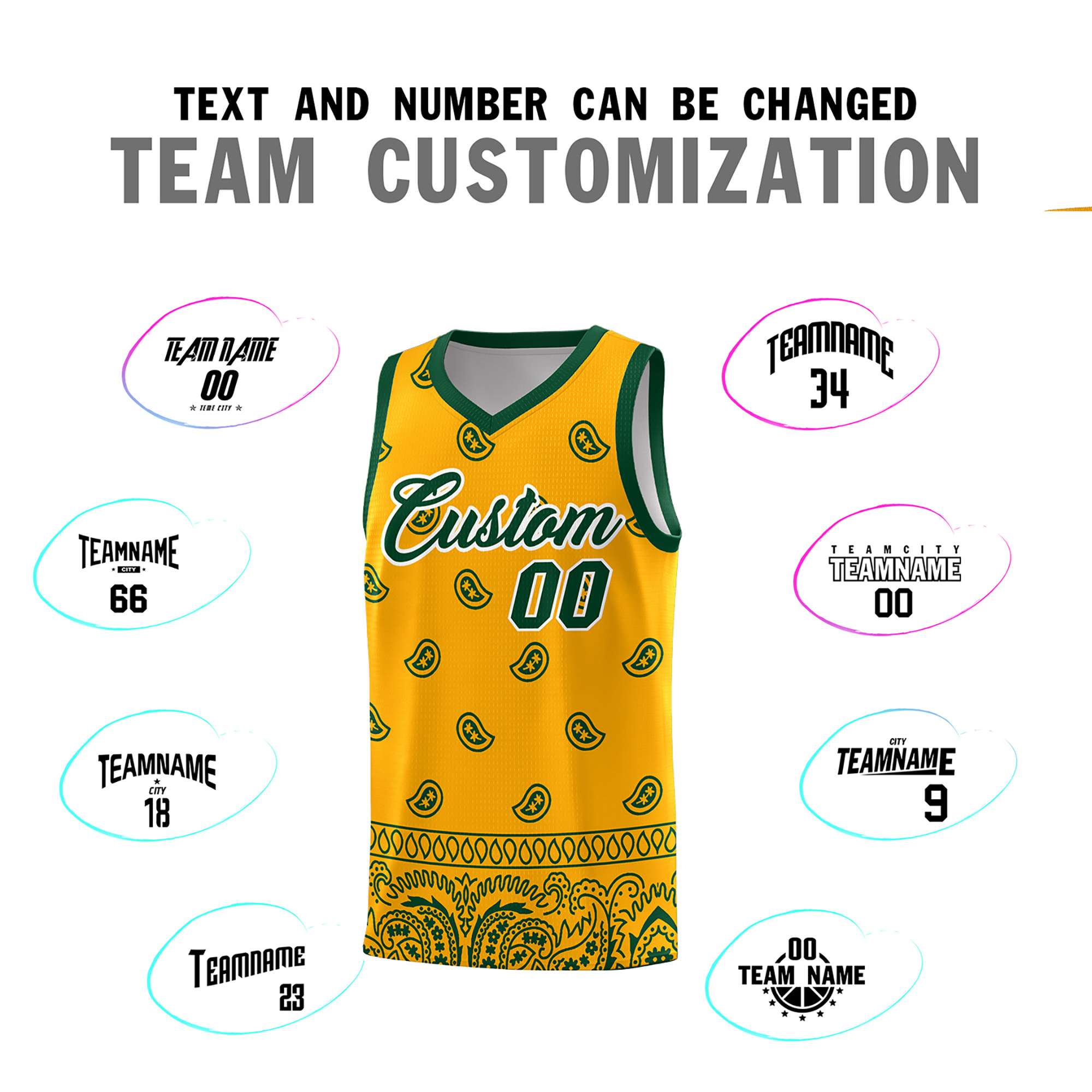 Custom Yellow Green Personalized Cashew Pattern Sports Uniform Basketball Jersey