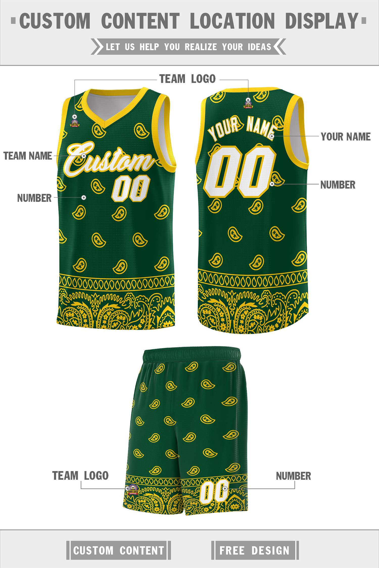 Custom Gold Green Personalized Cashew Pattern Sports Uniform Basketball Jersey