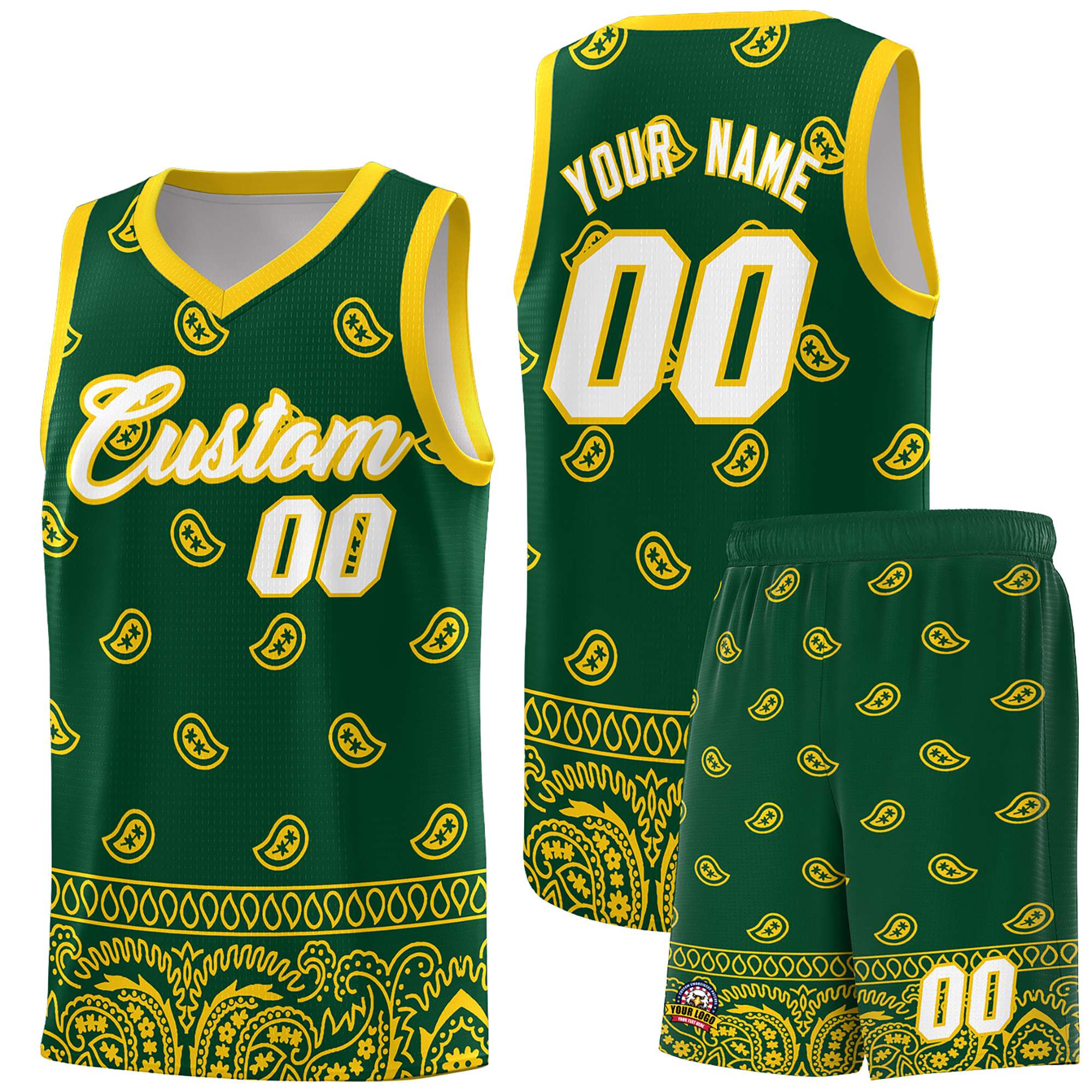 Custom Gold Green Personalized Cashew Pattern Sports Uniform Basketball Jersey