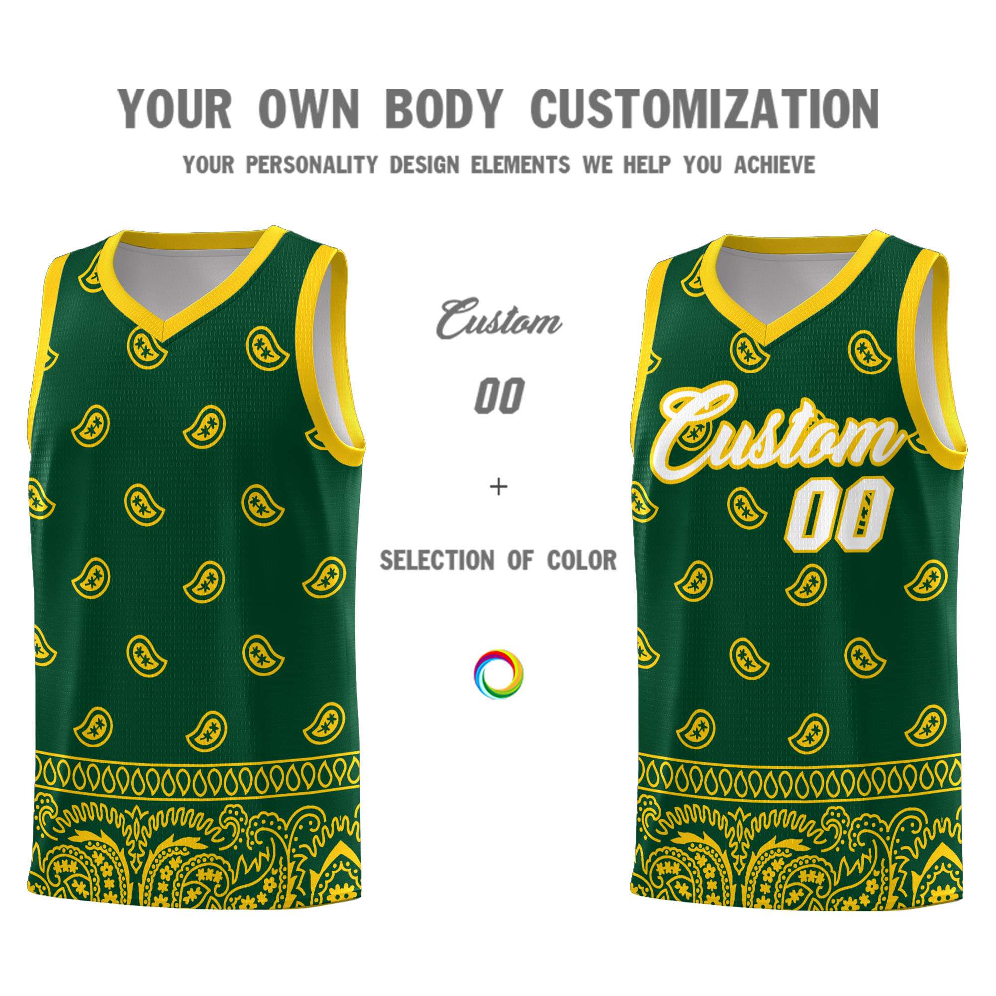 Custom Gold Green Personalized Cashew Pattern Sports Uniform Basketball Jersey