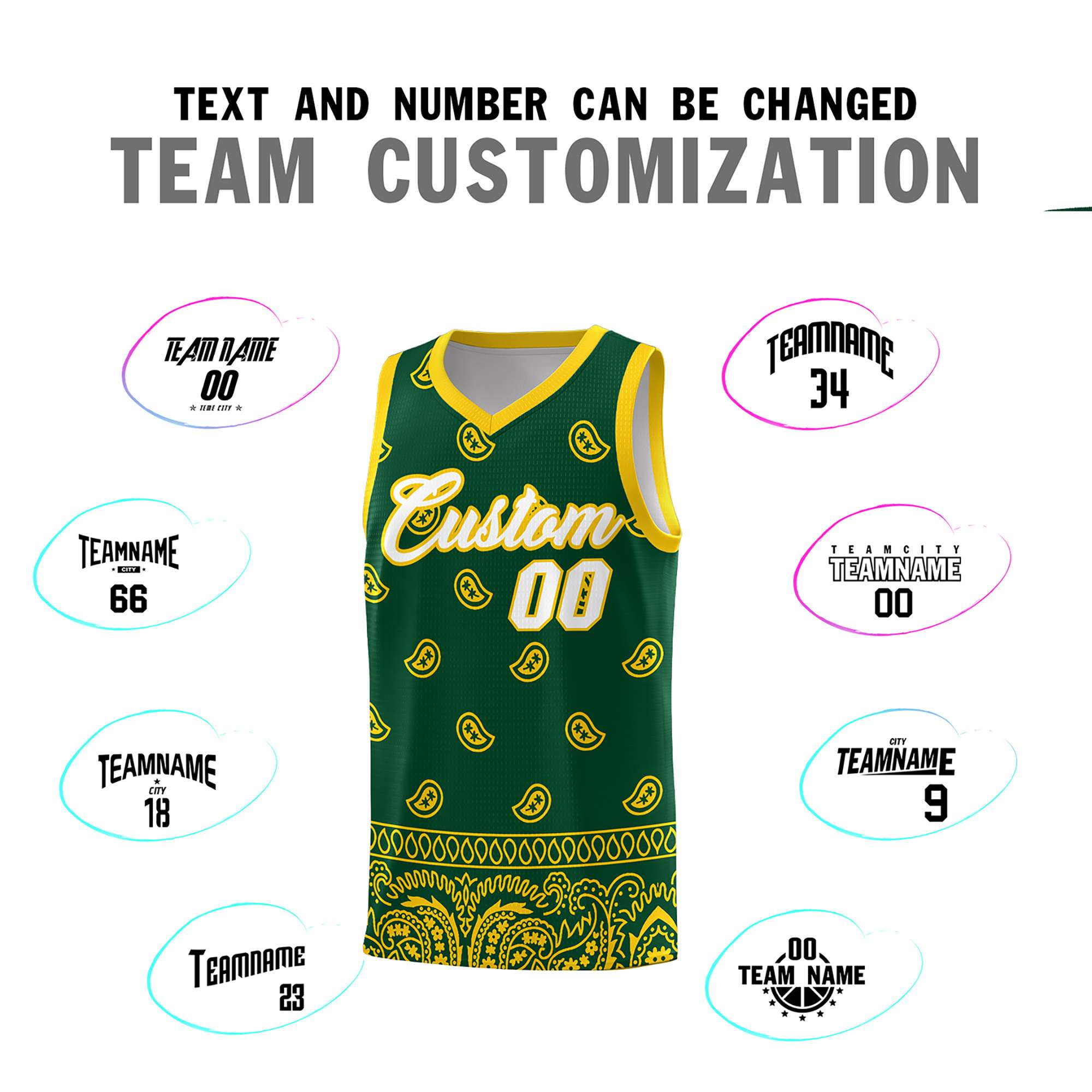 Custom Gold Green Personalized Cashew Pattern Sports Uniform Basketball Jersey