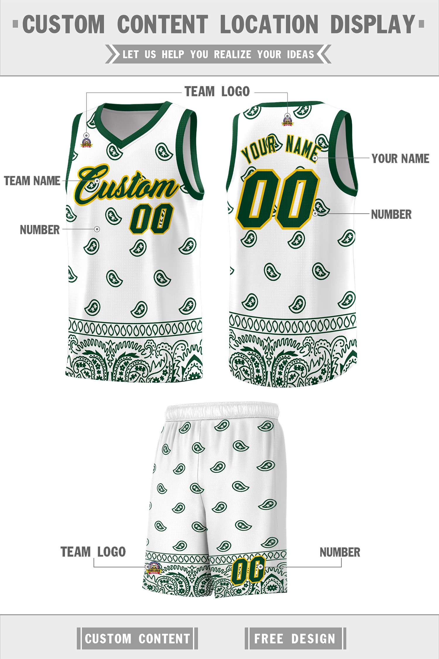 Custom Green White Personalized Cashew Pattern Sports Uniform Basketball Jersey