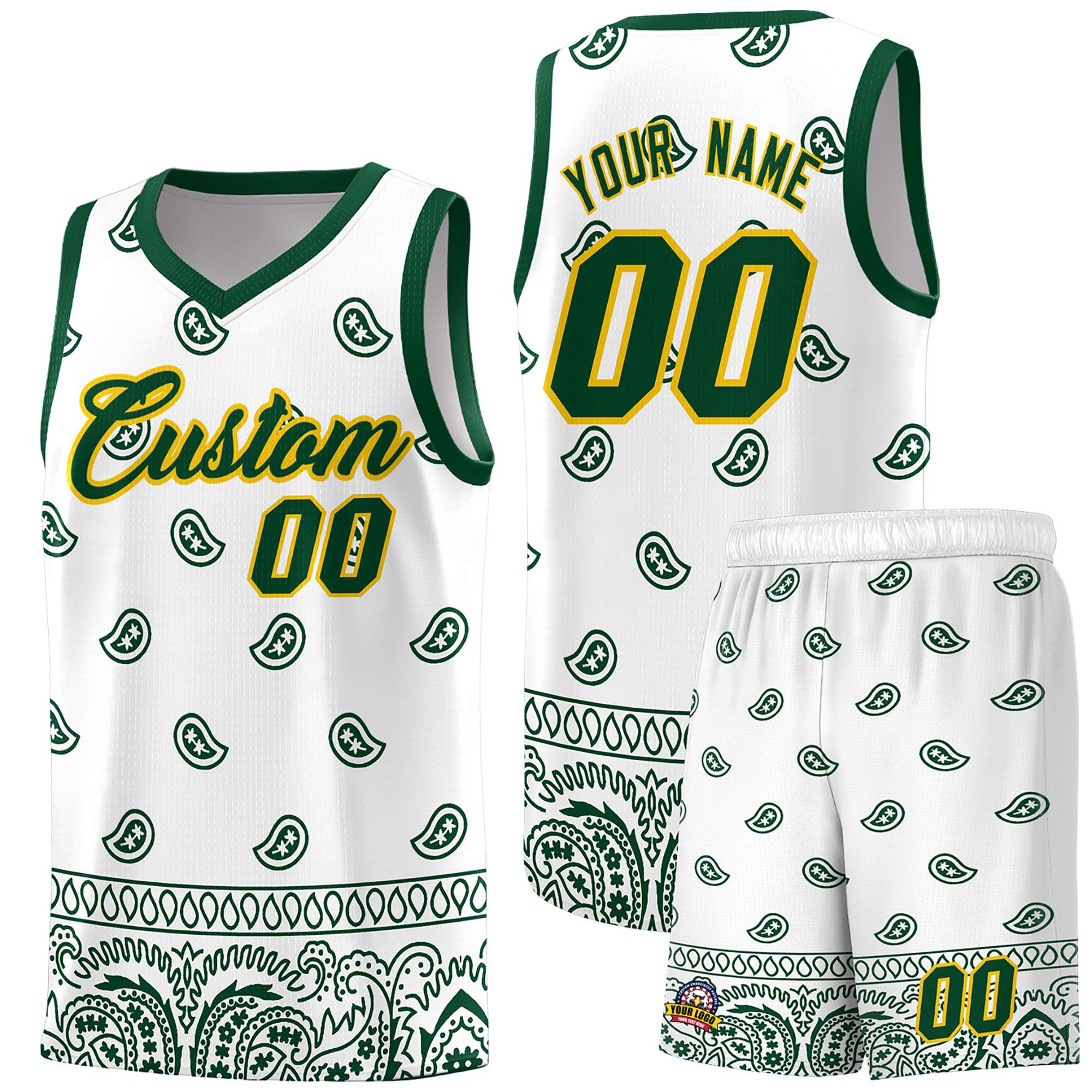 Custom Green White Personalized Cashew Pattern Sports Uniform Basketball Jersey