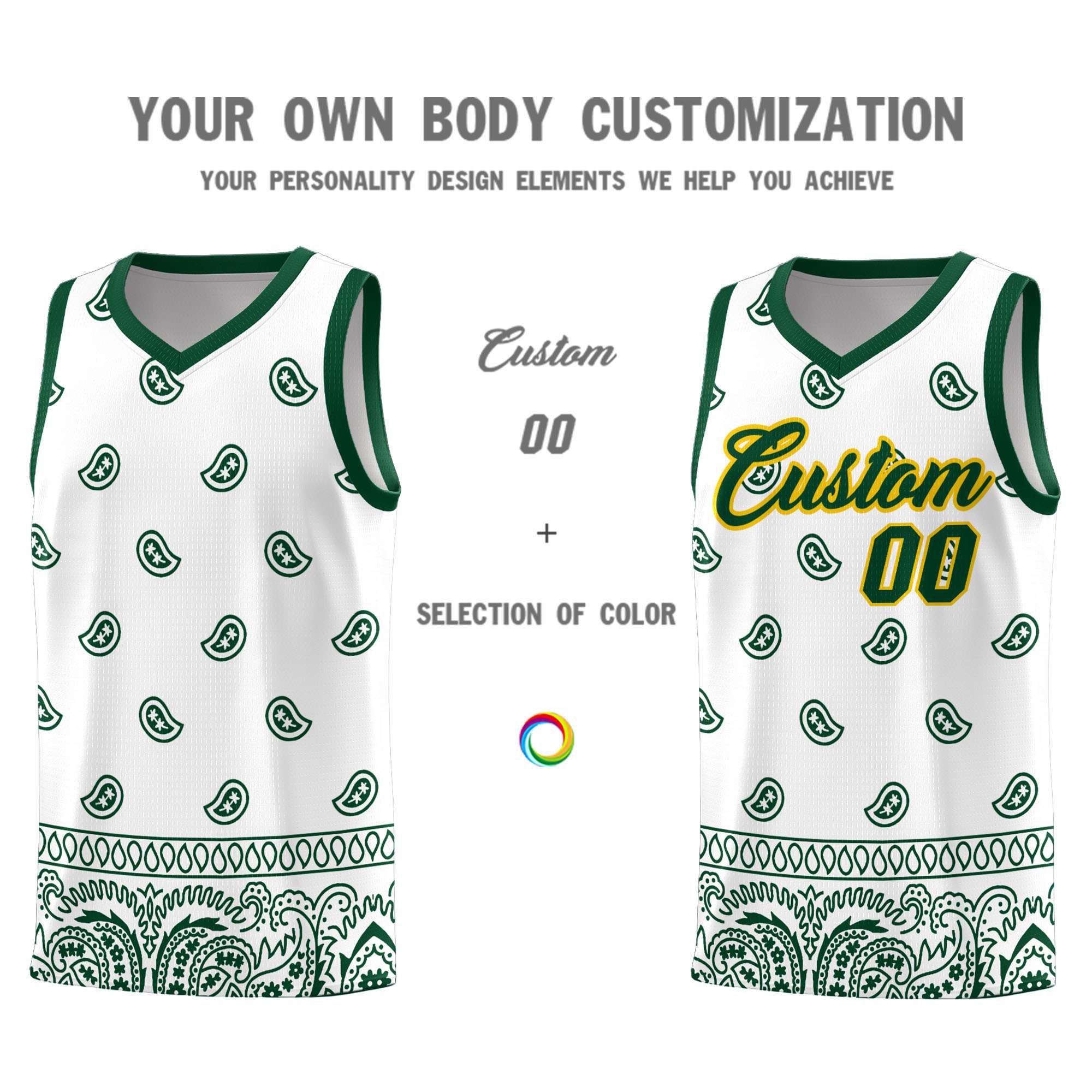 Custom Green White Personalized Cashew Pattern Sports Uniform Basketball Jersey