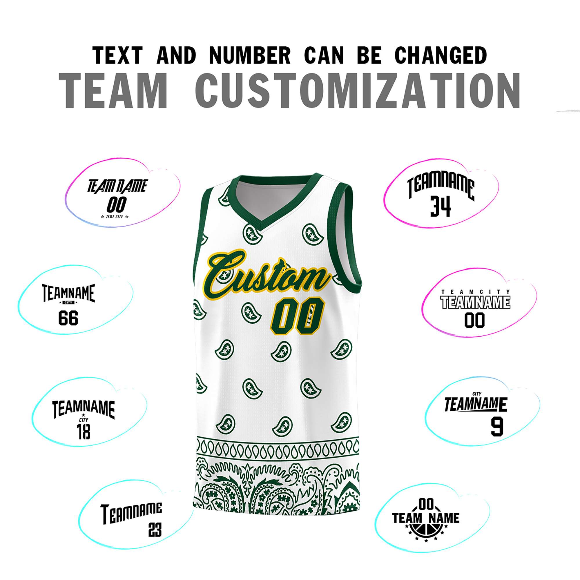 Custom Green White Personalized Cashew Pattern Sports Uniform Basketball Jersey