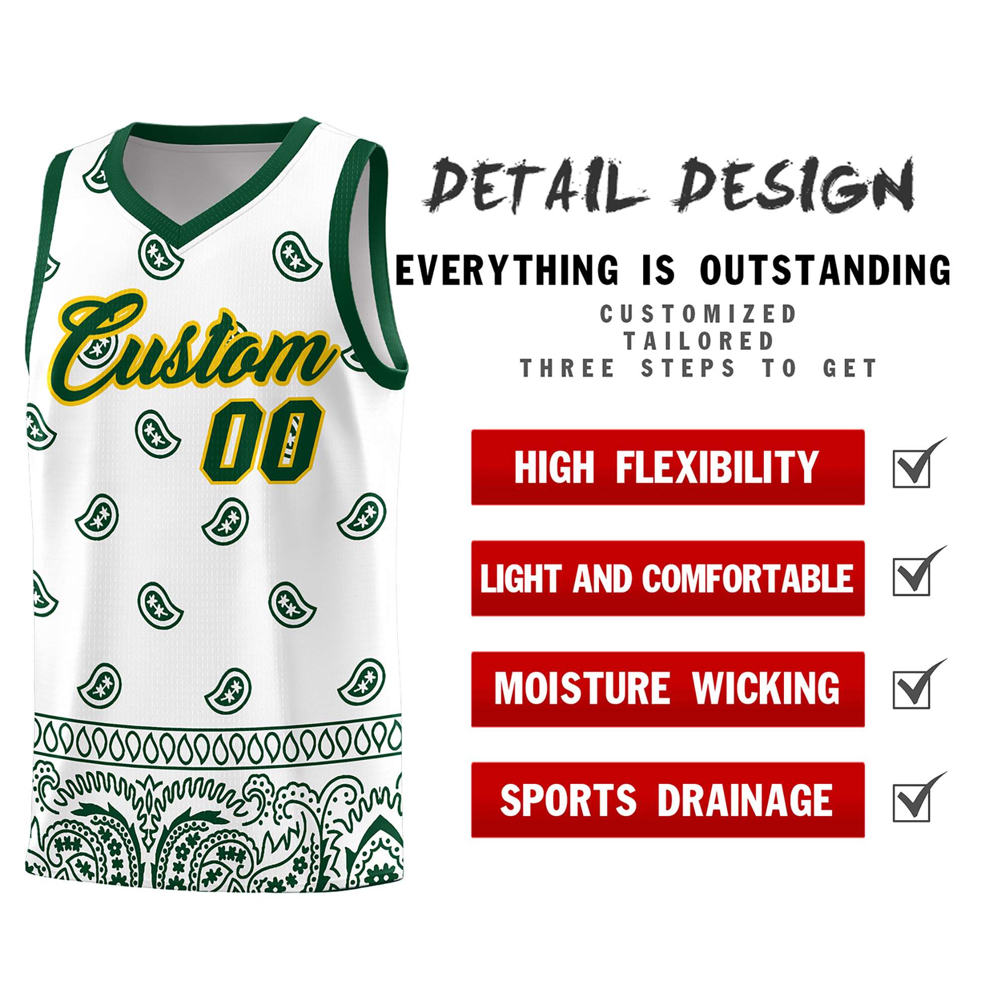 Custom Green White Personalized Cashew Pattern Sports Uniform Basketball Jersey