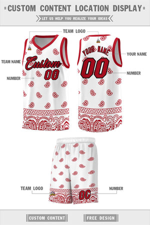 Custom White Red Personalized Cashew Pattern Sports Uniform Basketball Jersey