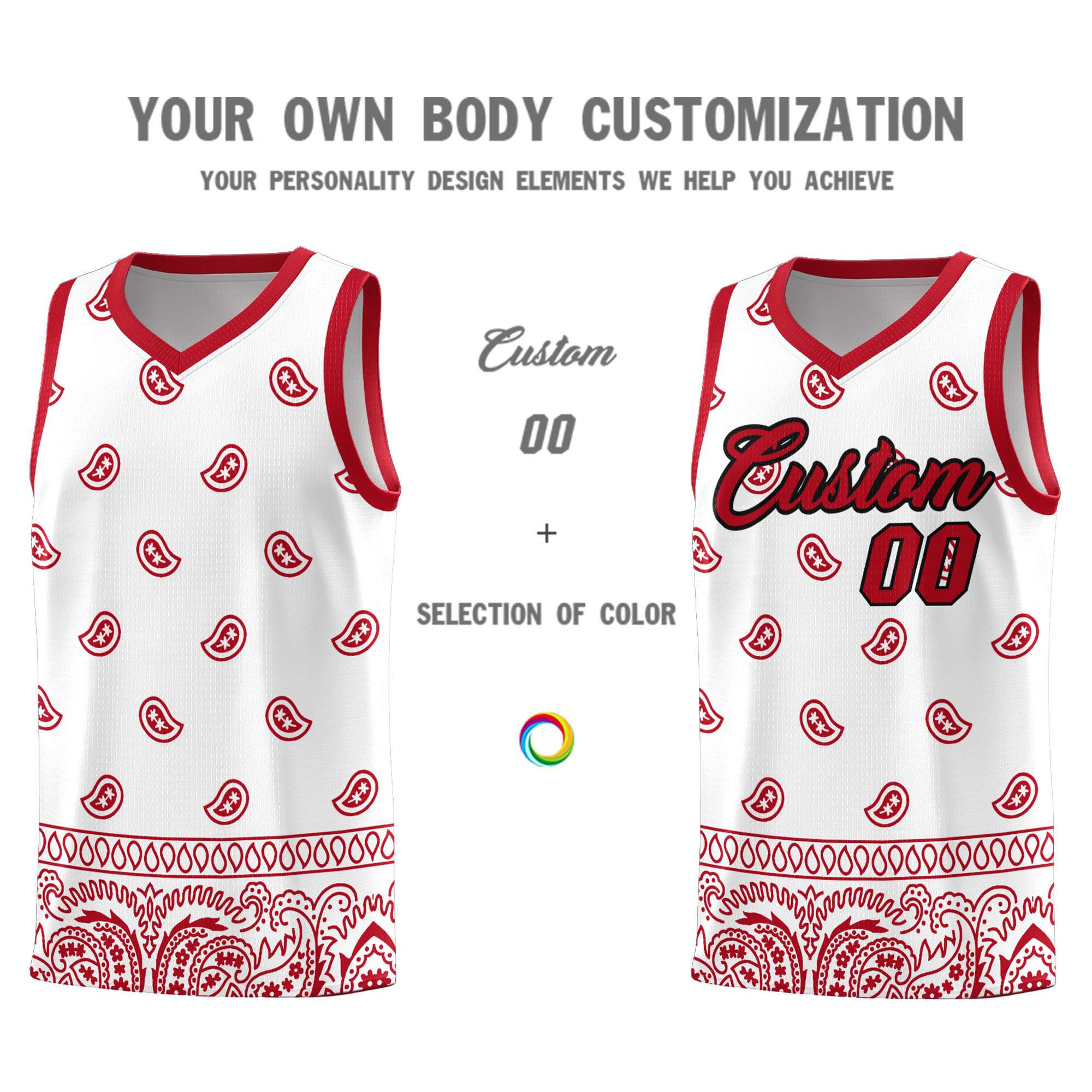 Custom White Red Personalized Cashew Pattern Sports Uniform Basketball Jersey