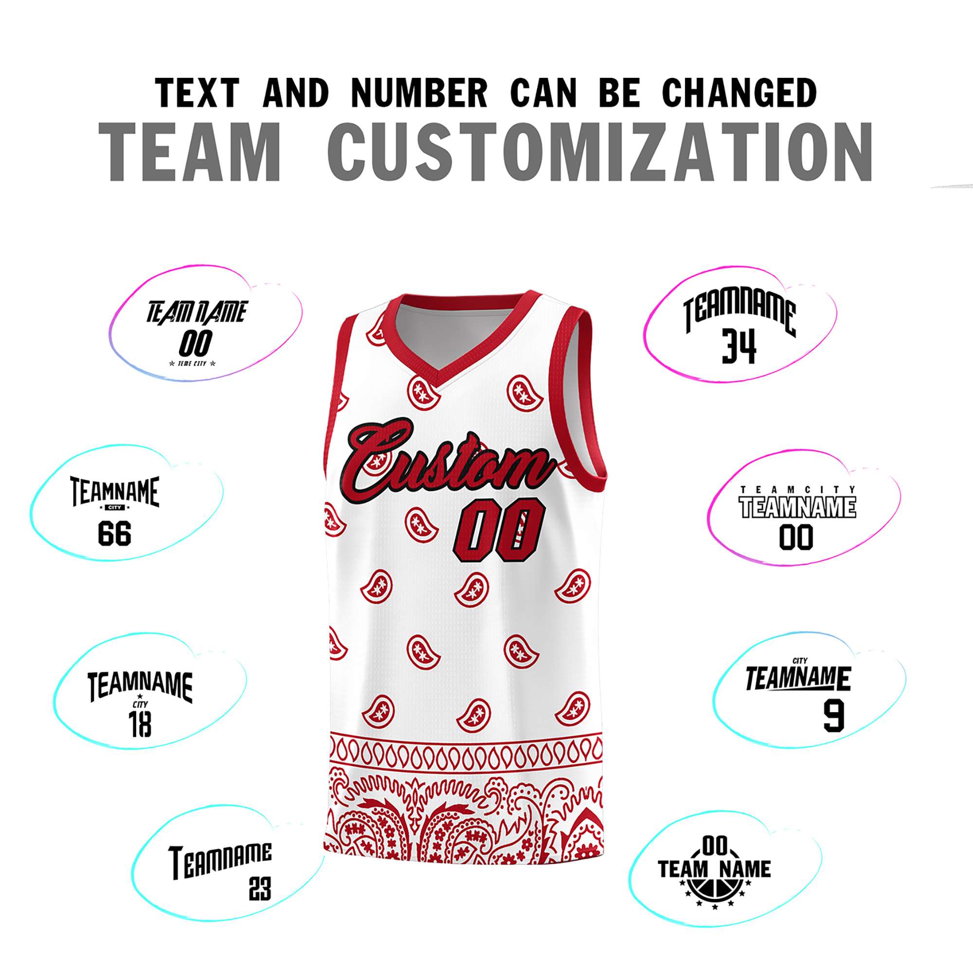 Custom White Red Personalized Cashew Pattern Sports Uniform Basketball Jersey