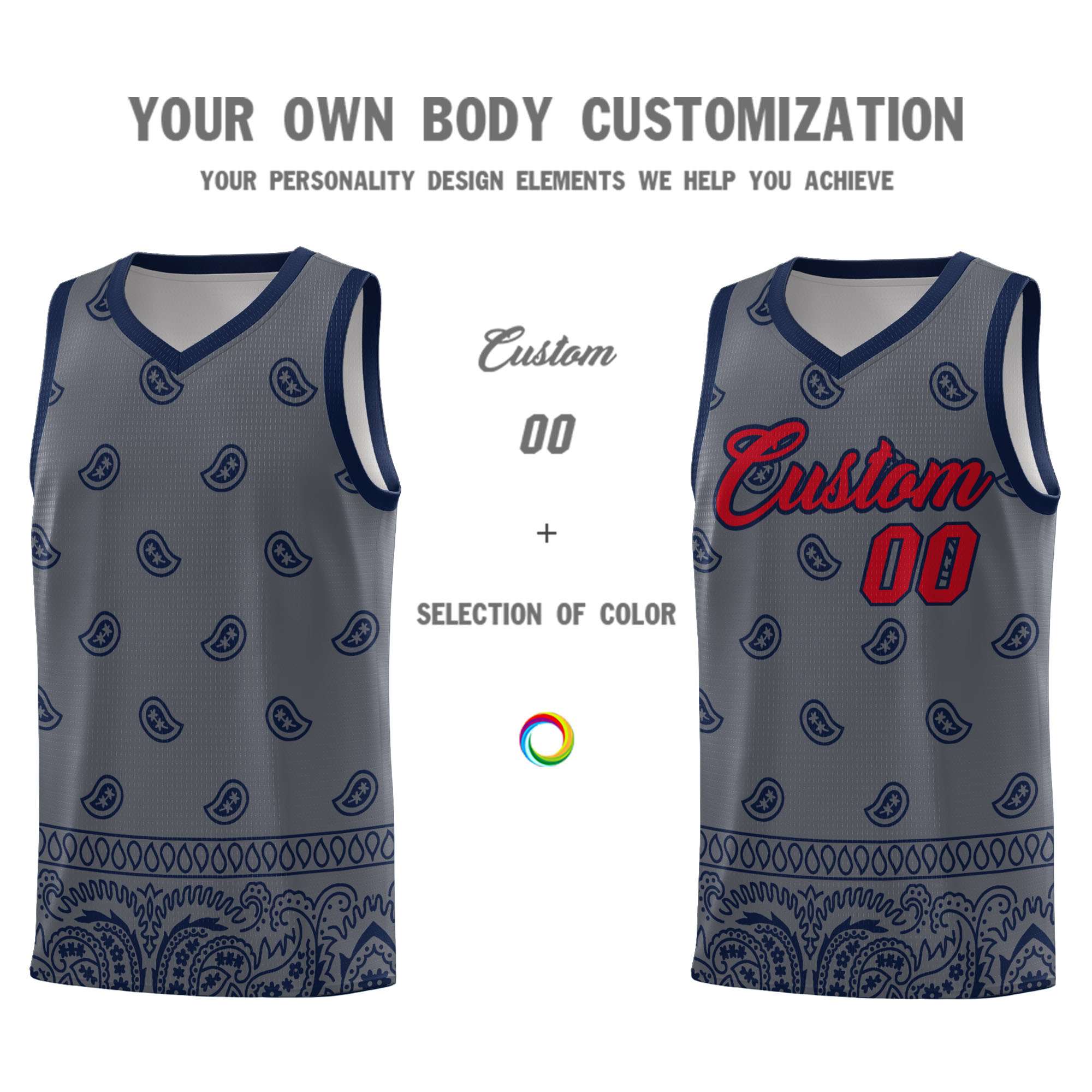 Custom Dark Gray Navy Personalized Cashew Pattern Sports Uniform Basketball Jersey