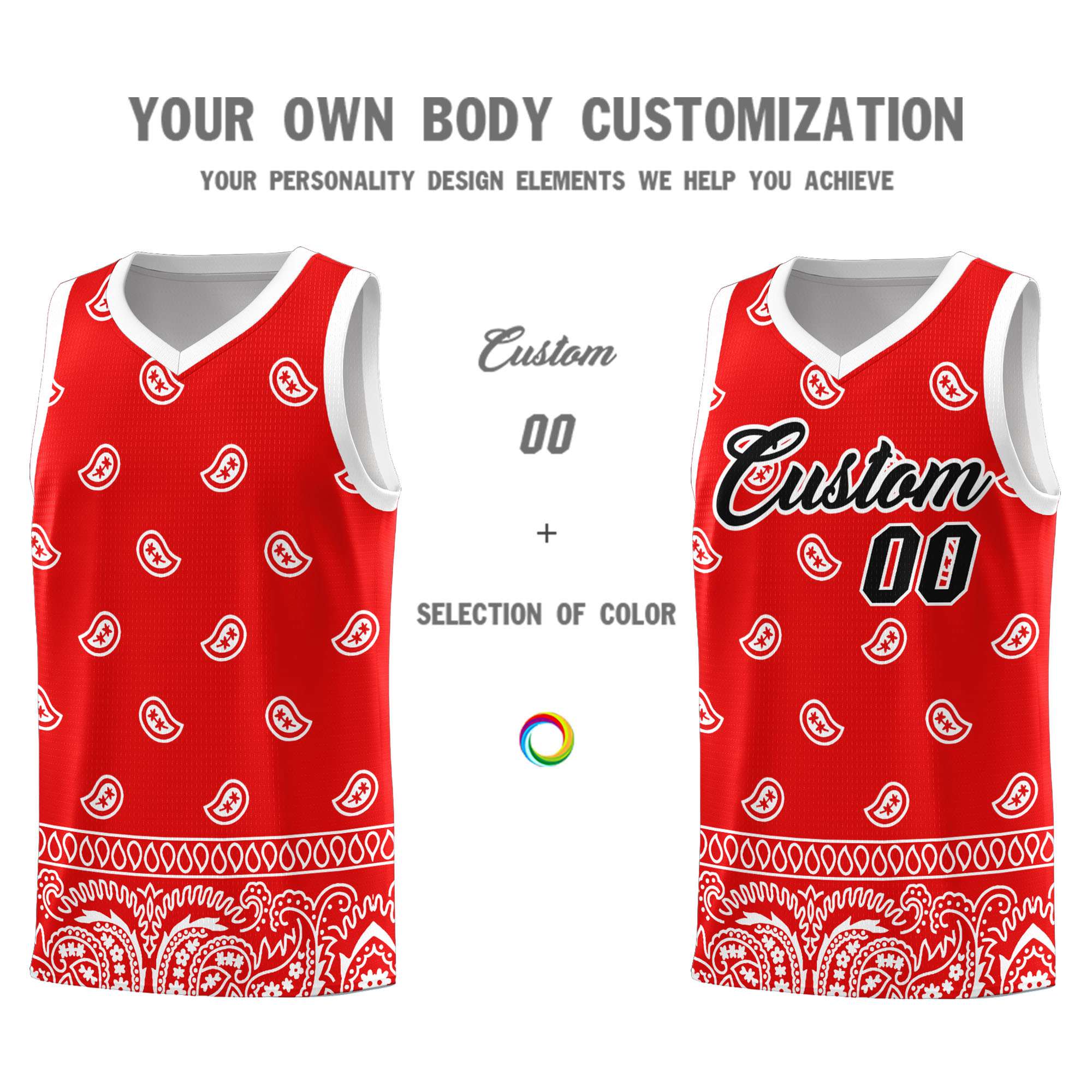 Custom Red White Personalized Cashew Pattern Sports Uniform Basketball Jersey