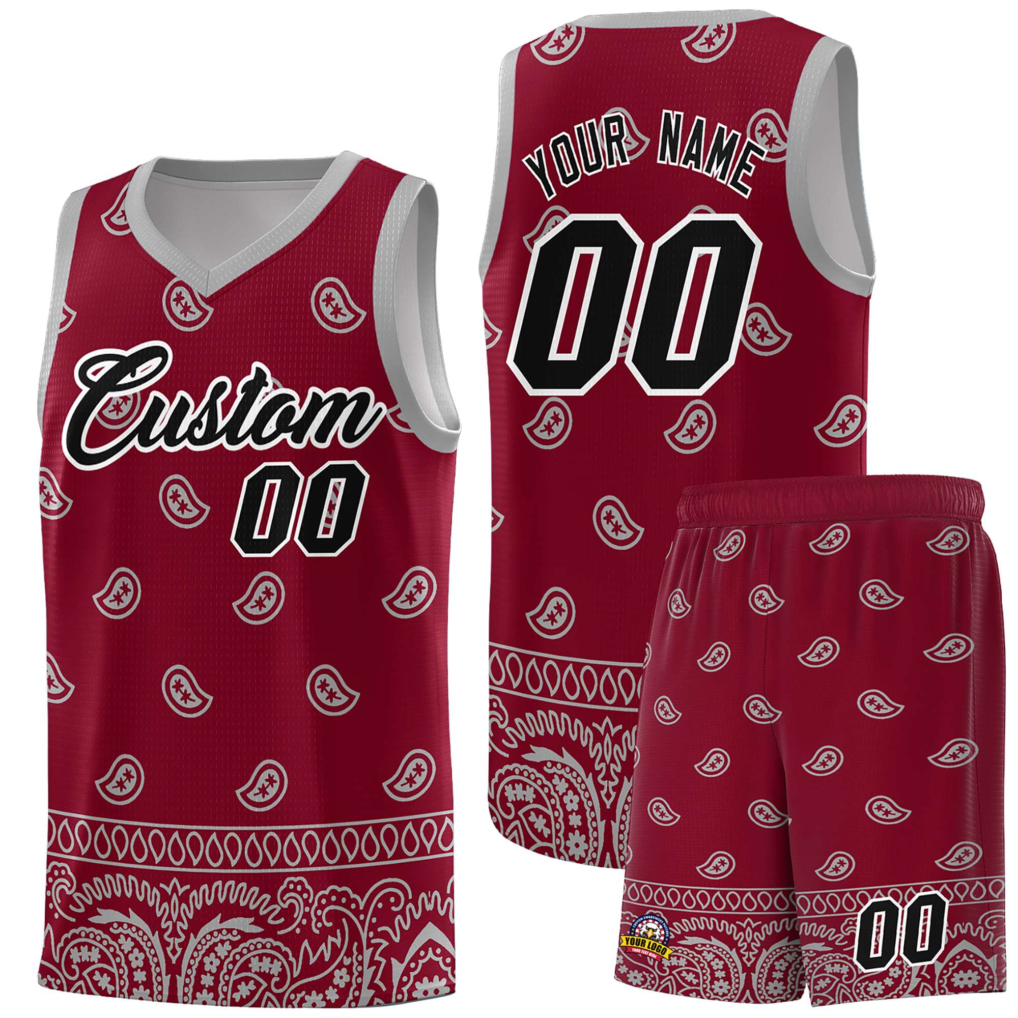 Custom Crimson Gray Personalized Cashew Pattern Sports Uniform Basketball Jersey