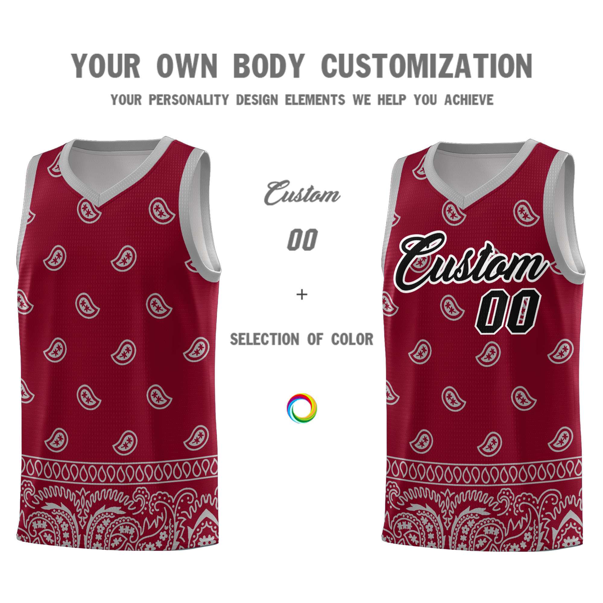 Custom Crimson Gray Personalized Cashew Pattern Sports Uniform Basketball Jersey