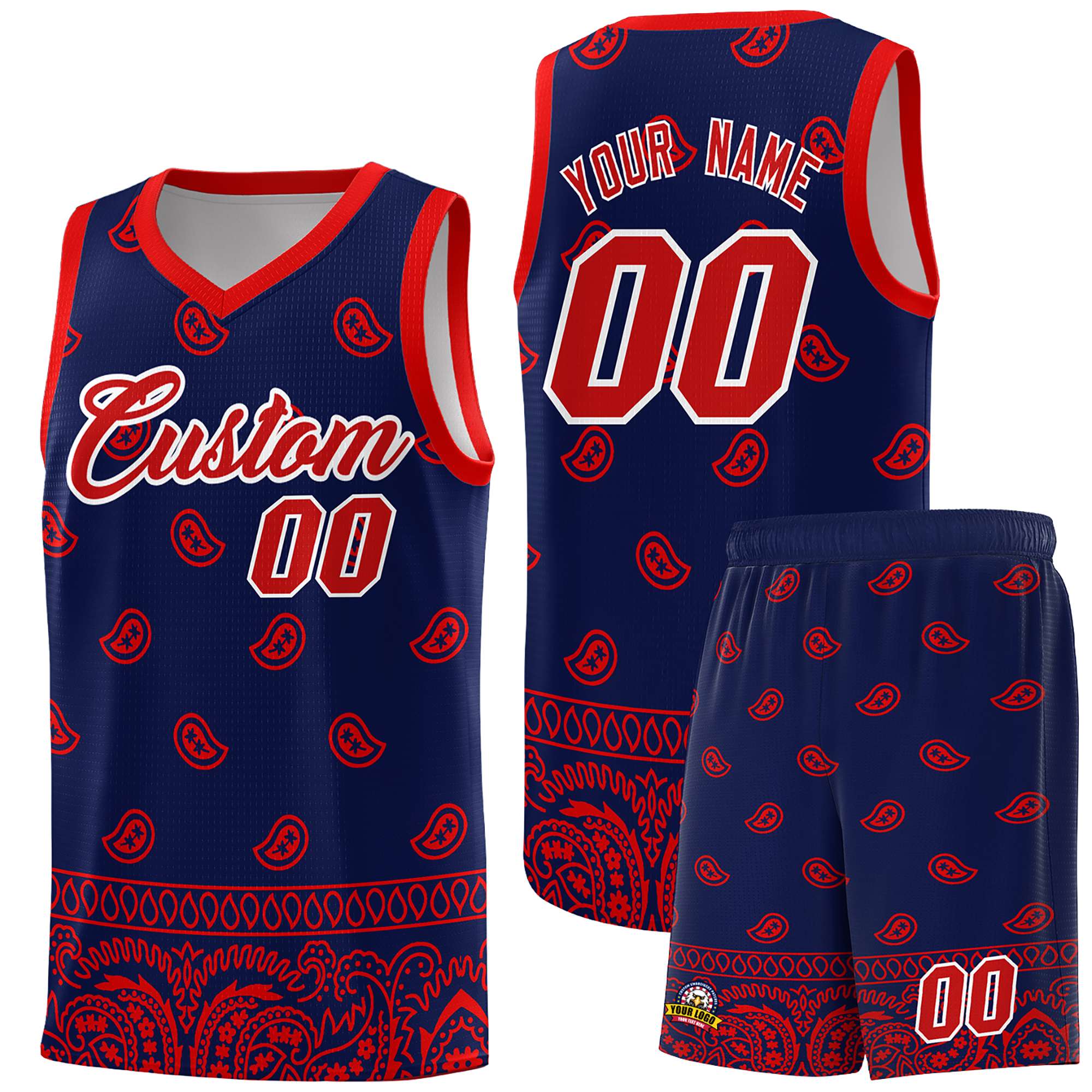 Custom Navy Red Personalized Cashew Pattern Sports Uniform Basketball Jersey