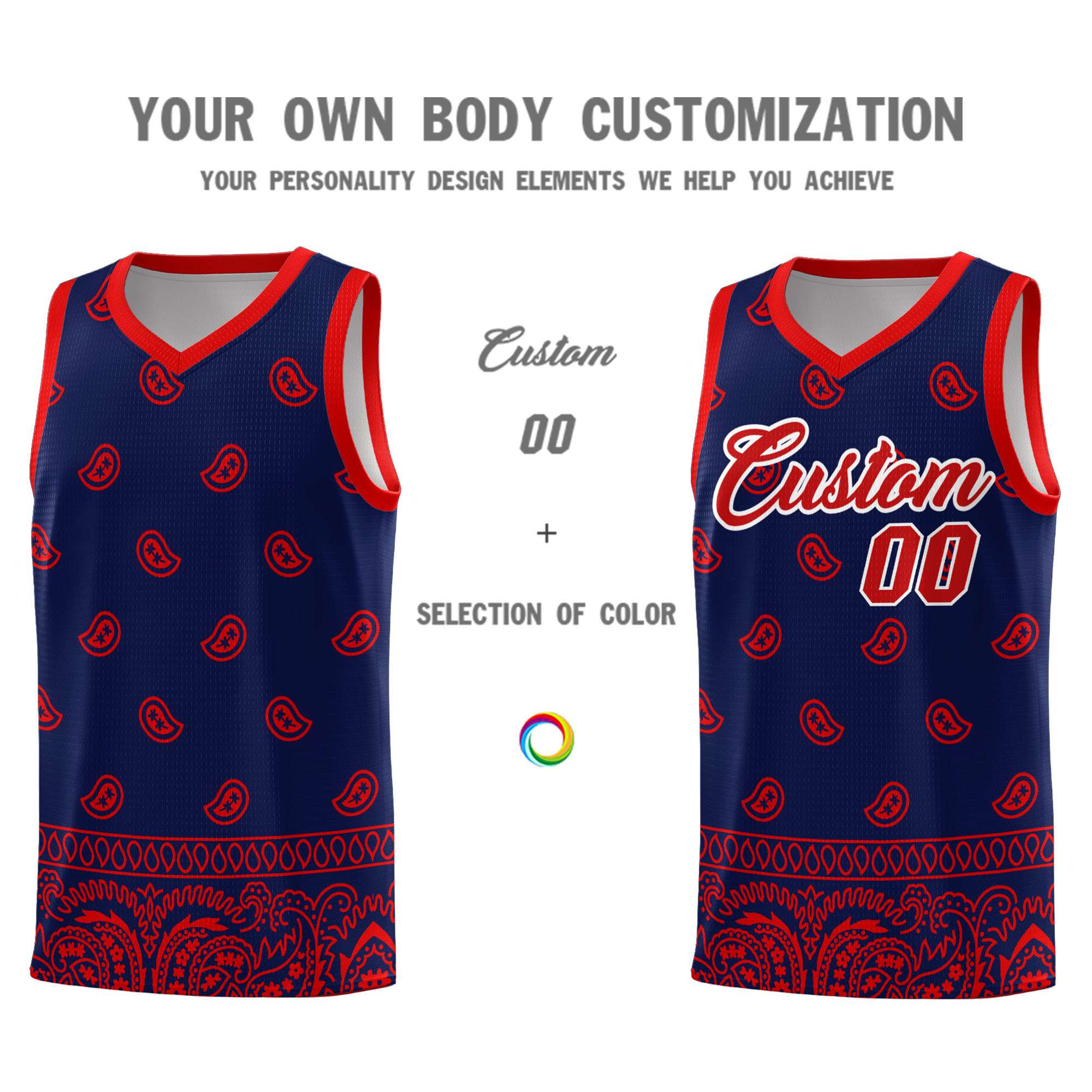 Custom Navy Red Personalized Cashew Pattern Sports Uniform Basketball Jersey