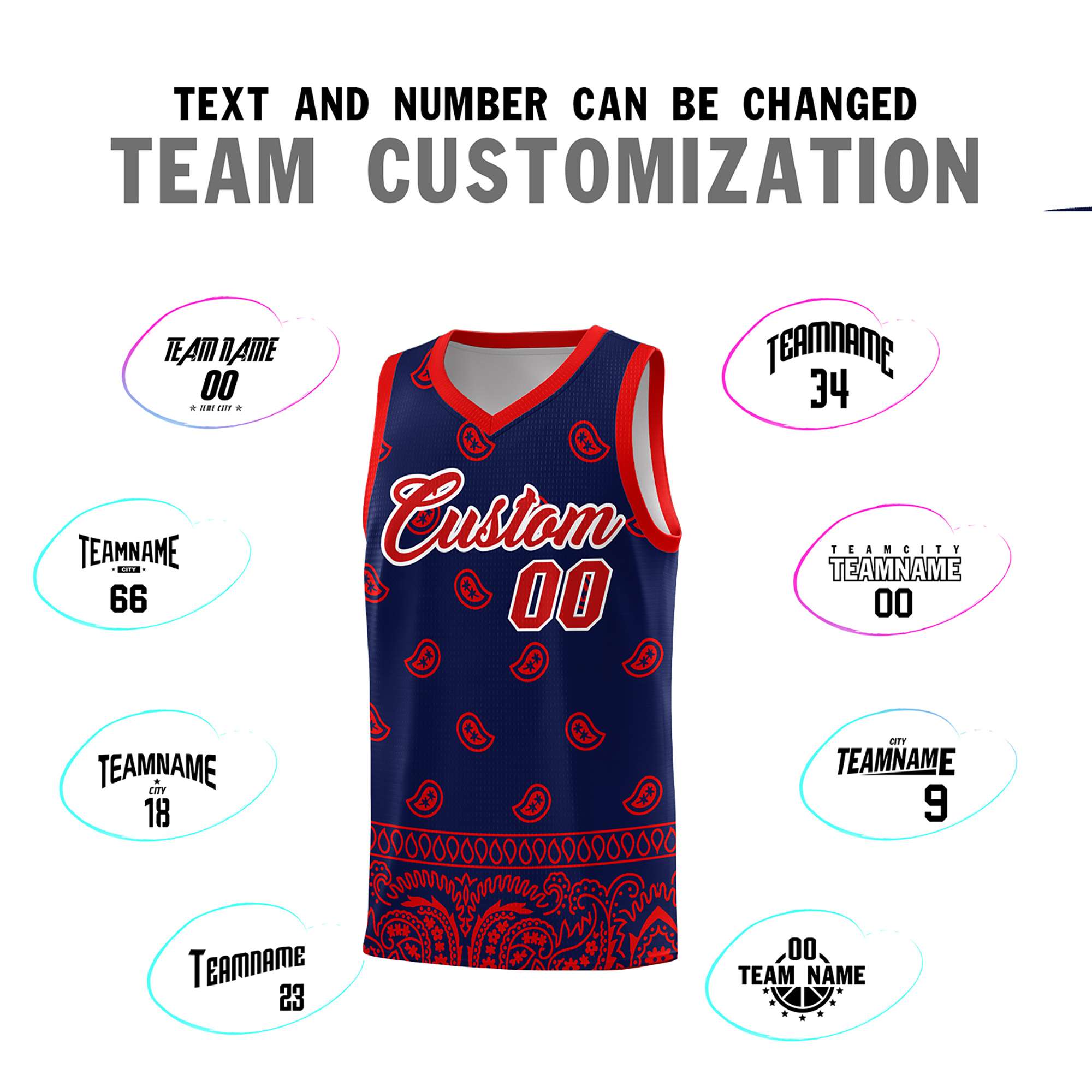 Custom Navy Red Personalized Cashew Pattern Sports Uniform Basketball Jersey