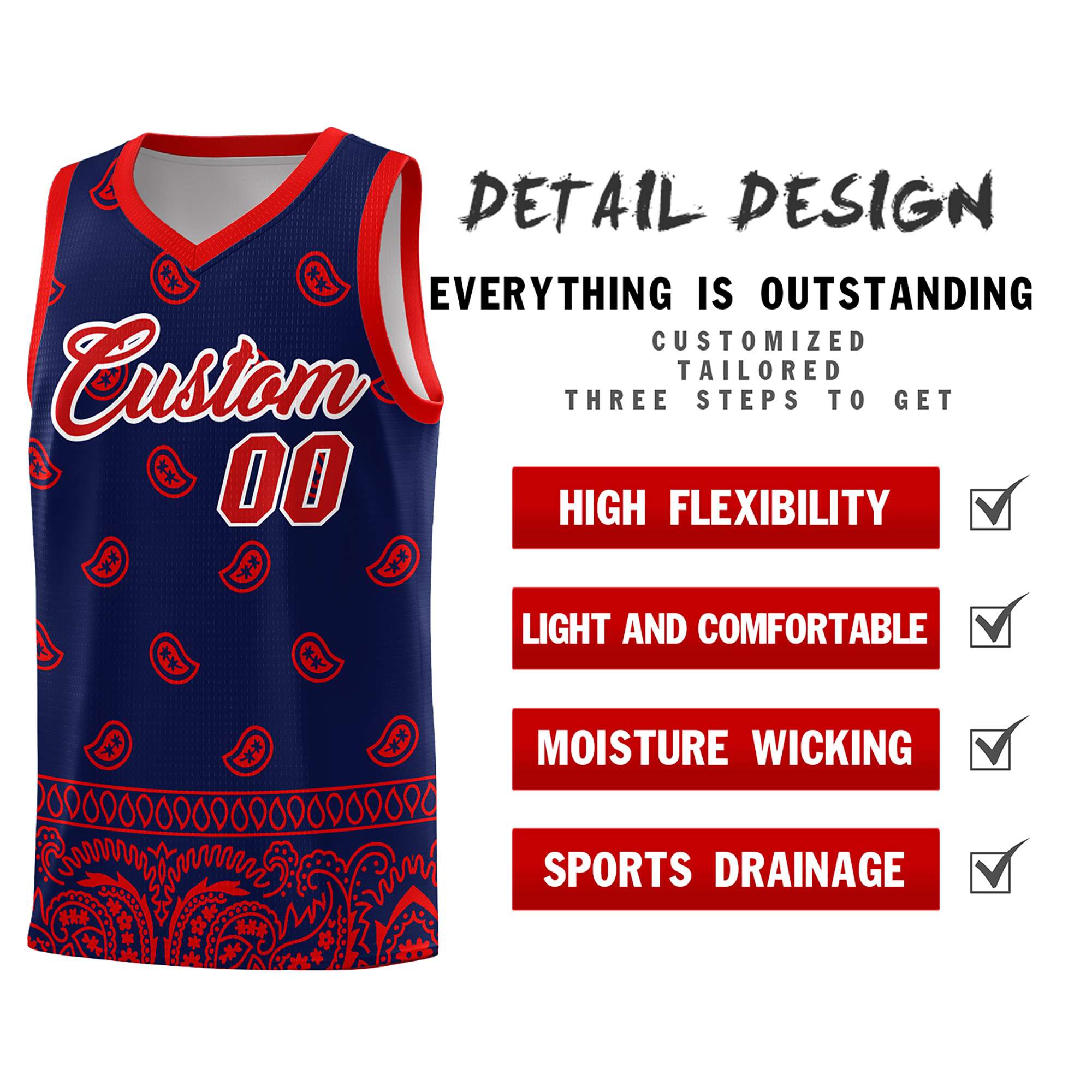 Custom Navy Red Personalized Cashew Pattern Sports Uniform Basketball Jersey