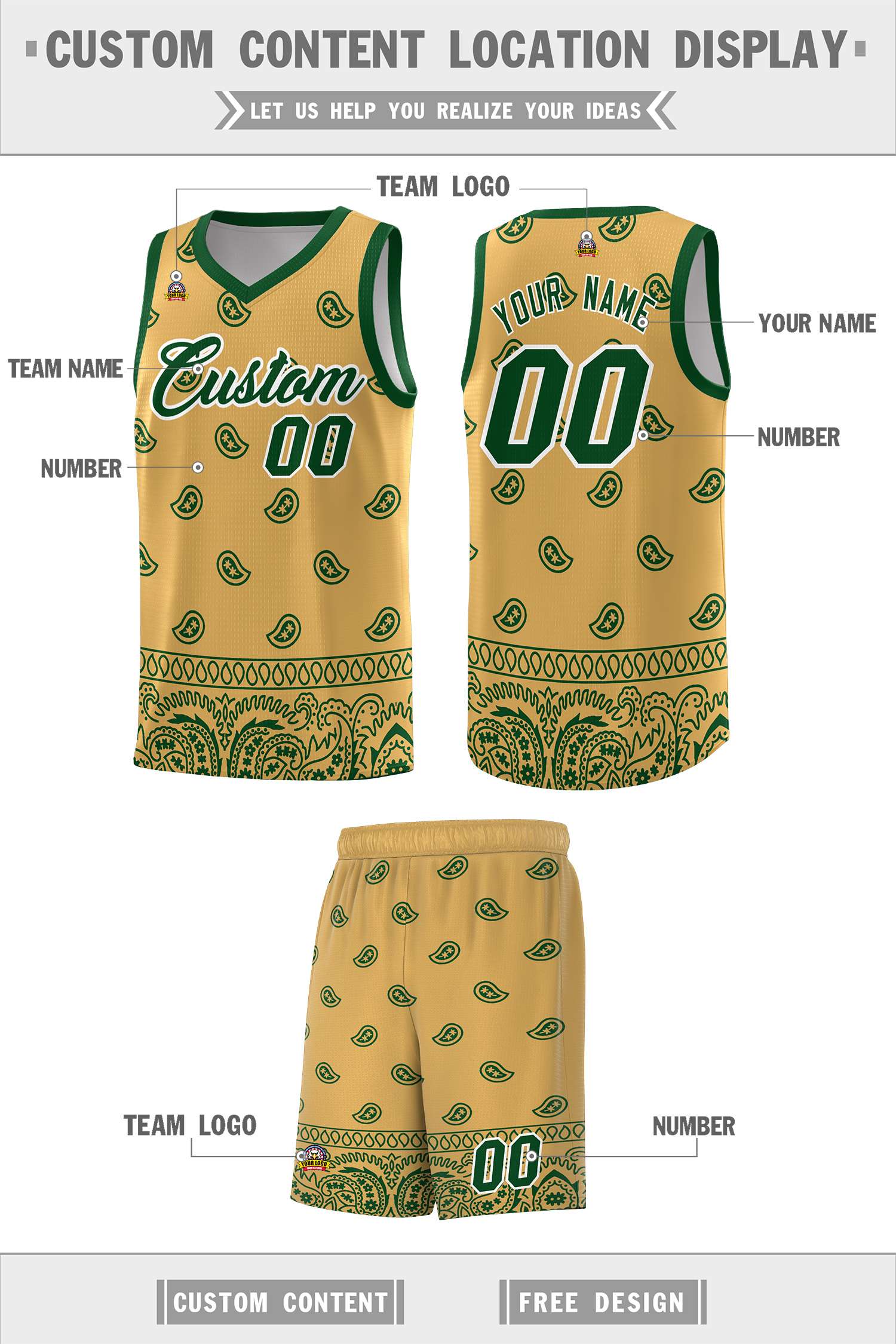 Custom Old Gold Green Personalized Cashew Pattern Sports Uniform Basketball Jersey