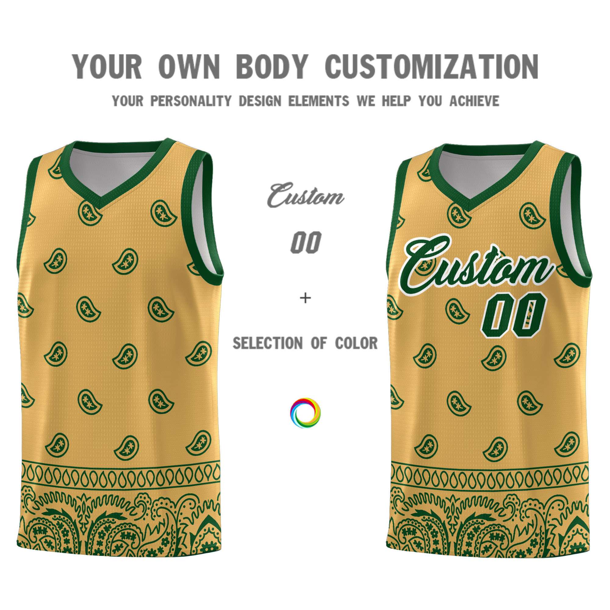 Custom Old Gold Green Personalized Cashew Pattern Sports Uniform Basketball Jersey