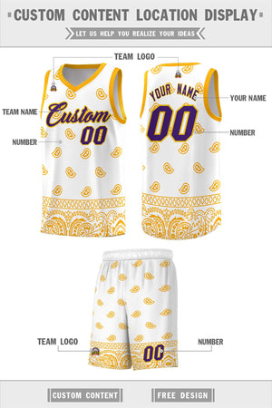 Custom White Yellow Personalized Cashew Pattern Sports Uniform Basketball Jersey