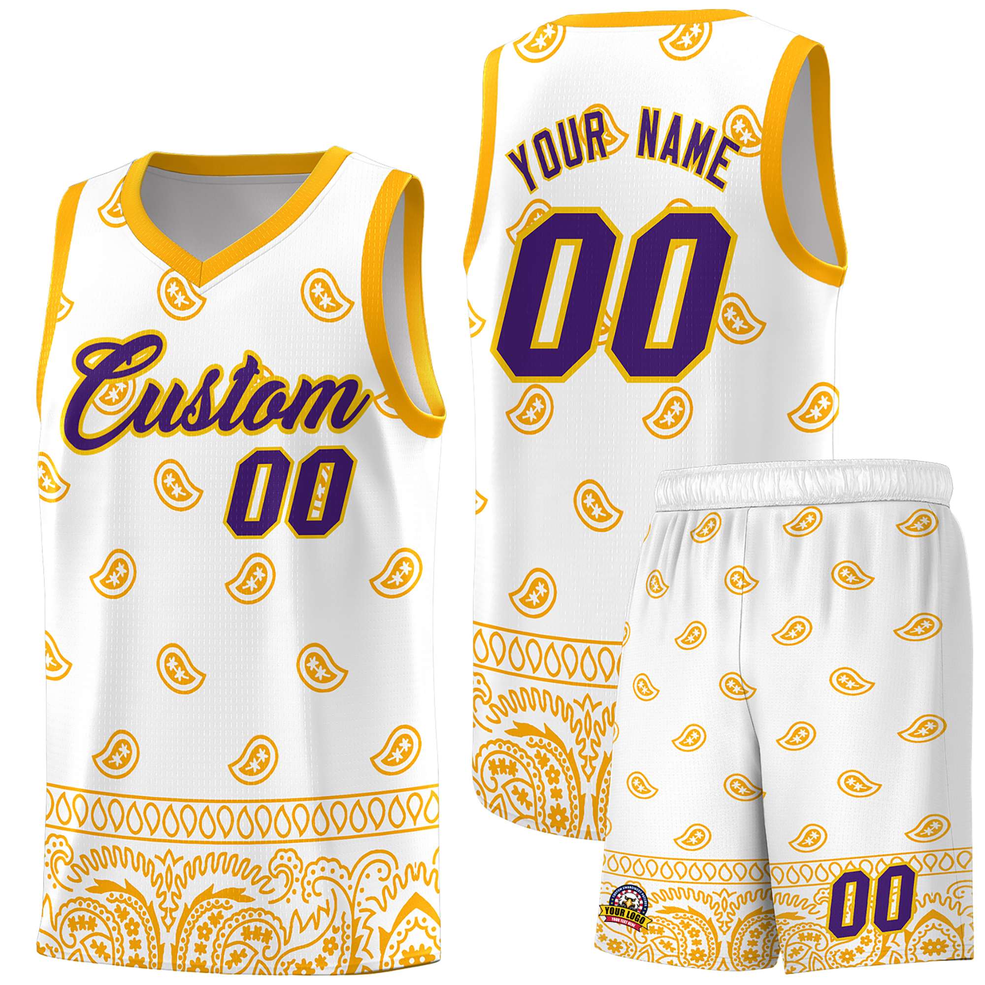 Custom White Yellow Personalized Cashew Pattern Sports Uniform Basketball Jersey