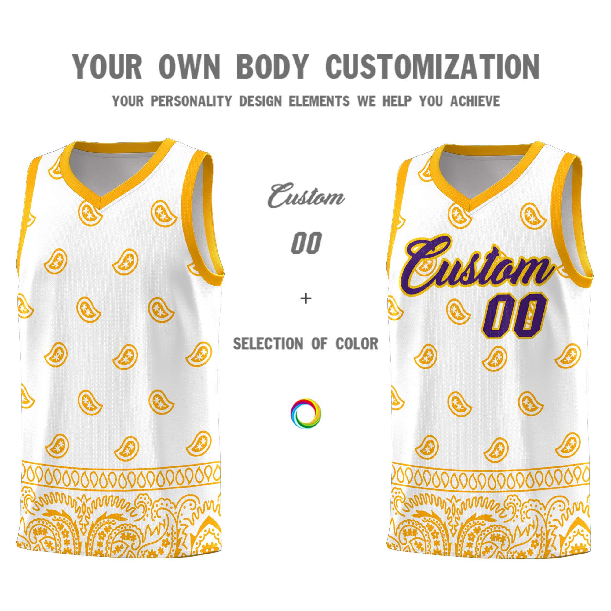 Custom White Yellow Personalized Cashew Pattern Sports Uniform Basketball Jersey