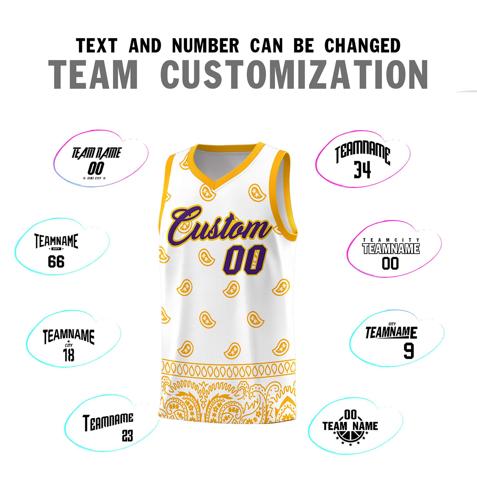 Custom White Yellow Personalized Cashew Pattern Sports Uniform Basketball Jersey