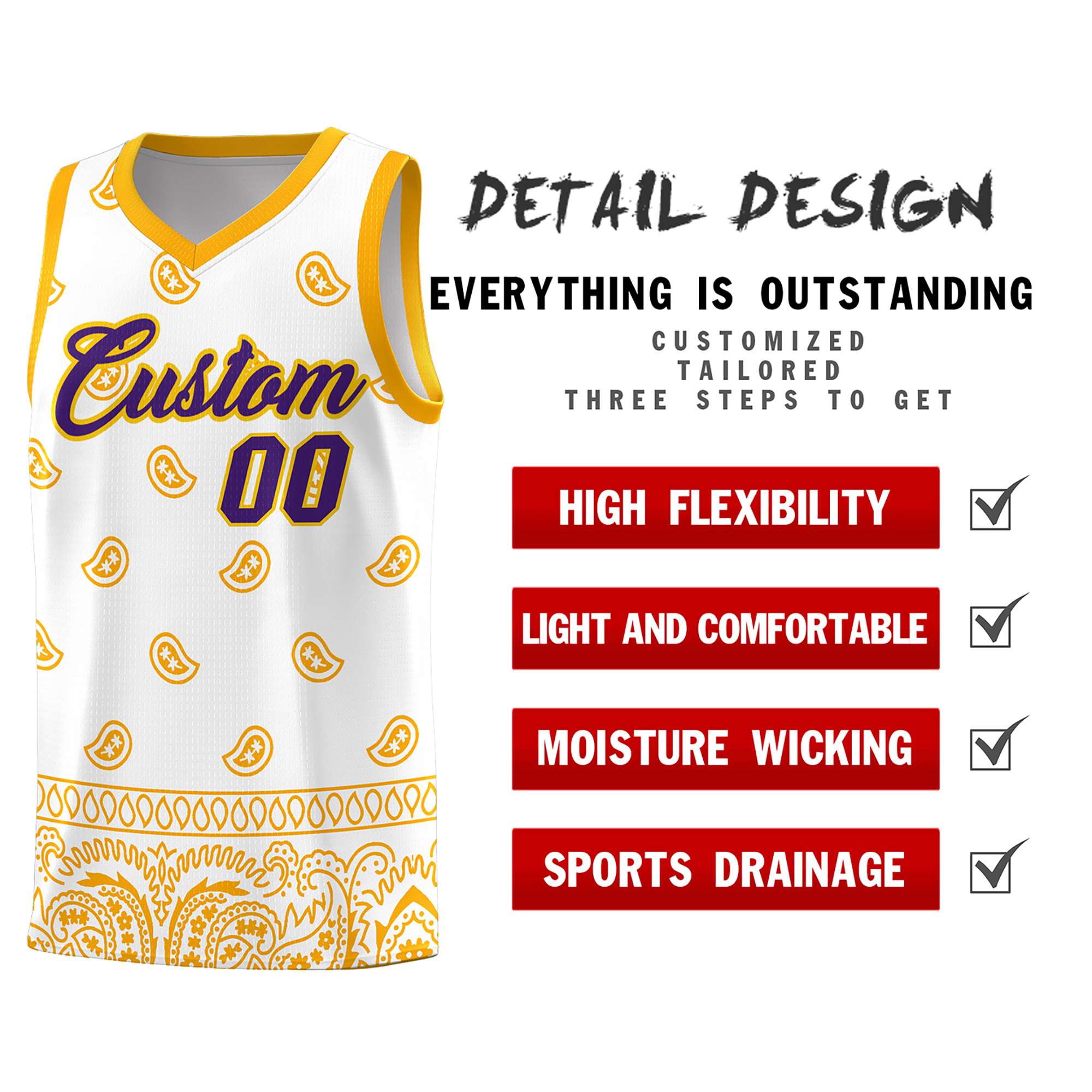 Custom White Yellow Personalized Cashew Pattern Sports Uniform Basketball Jersey