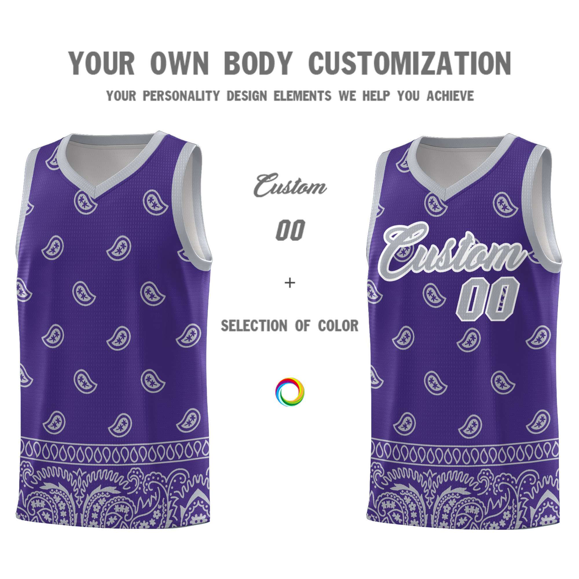 Custom Purple Gray Personalized Cashew Pattern Sports Uniform Basketball Jersey