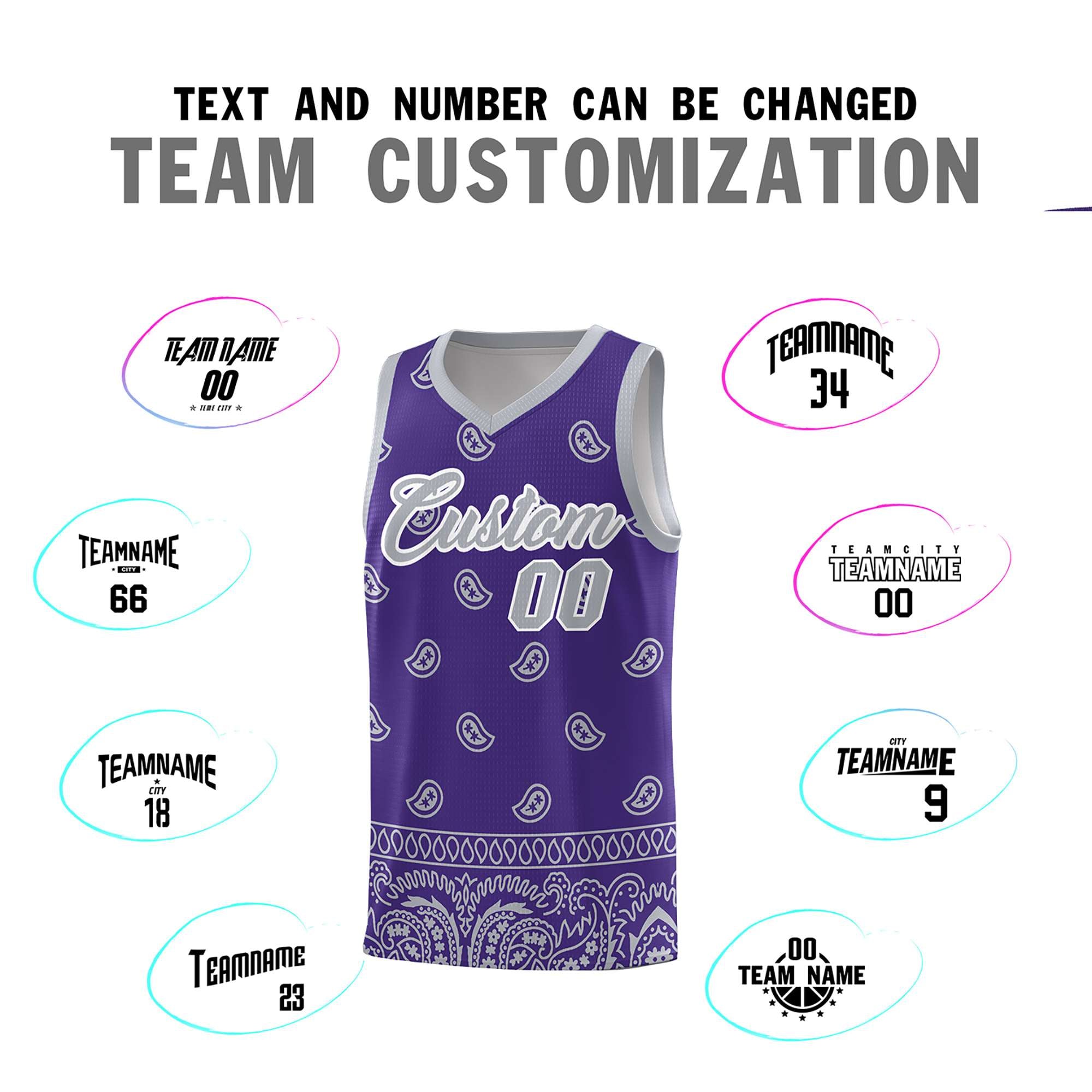 Custom Purple Gray Personalized Cashew Pattern Sports Uniform Basketball Jersey